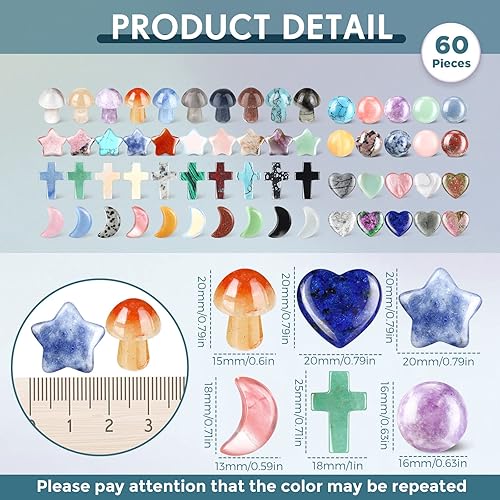 Miniatura 2 de Nuenen 60 piedras de preocupación a granel, corazón, hongo, cruz, luna, estrella, forma redonda, cristal curativo, piedras de bolsillo para