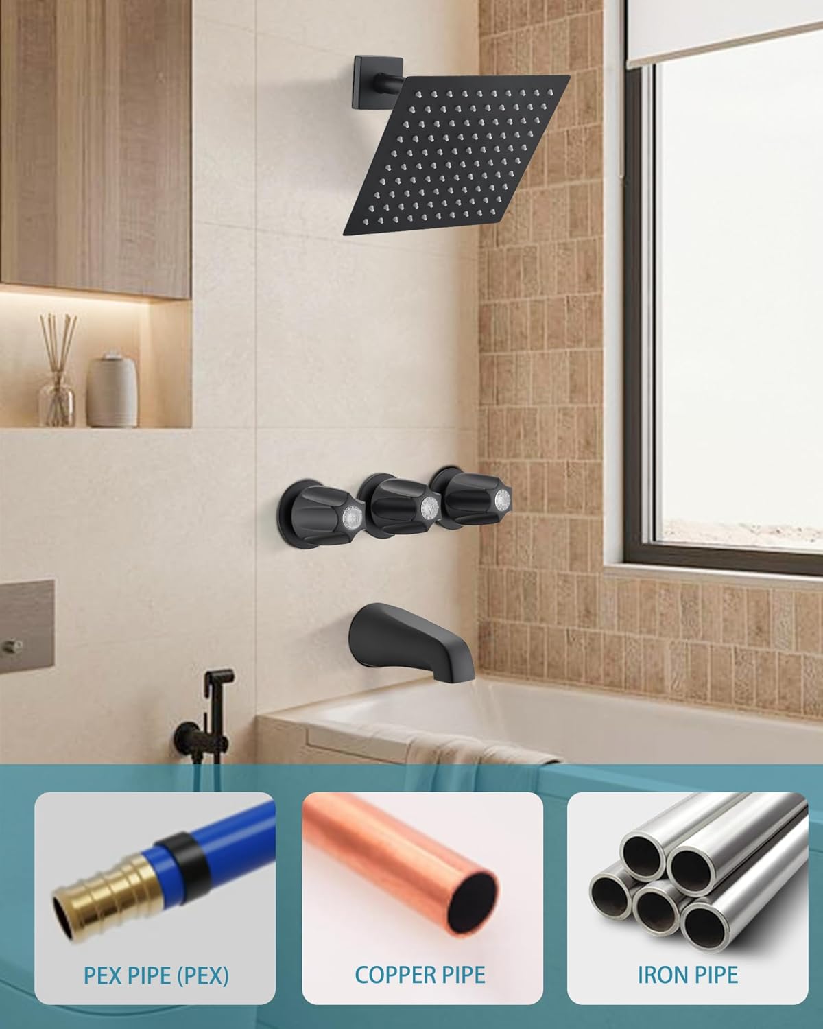 3 Handle Tub& Shower Rough-In Valve Heavy Duty with Black Trim Kit,3-Hole Installation, 1/2-Inch Union Inlets, 1/2-Inch I.P. Outlets, Union Nuts Included