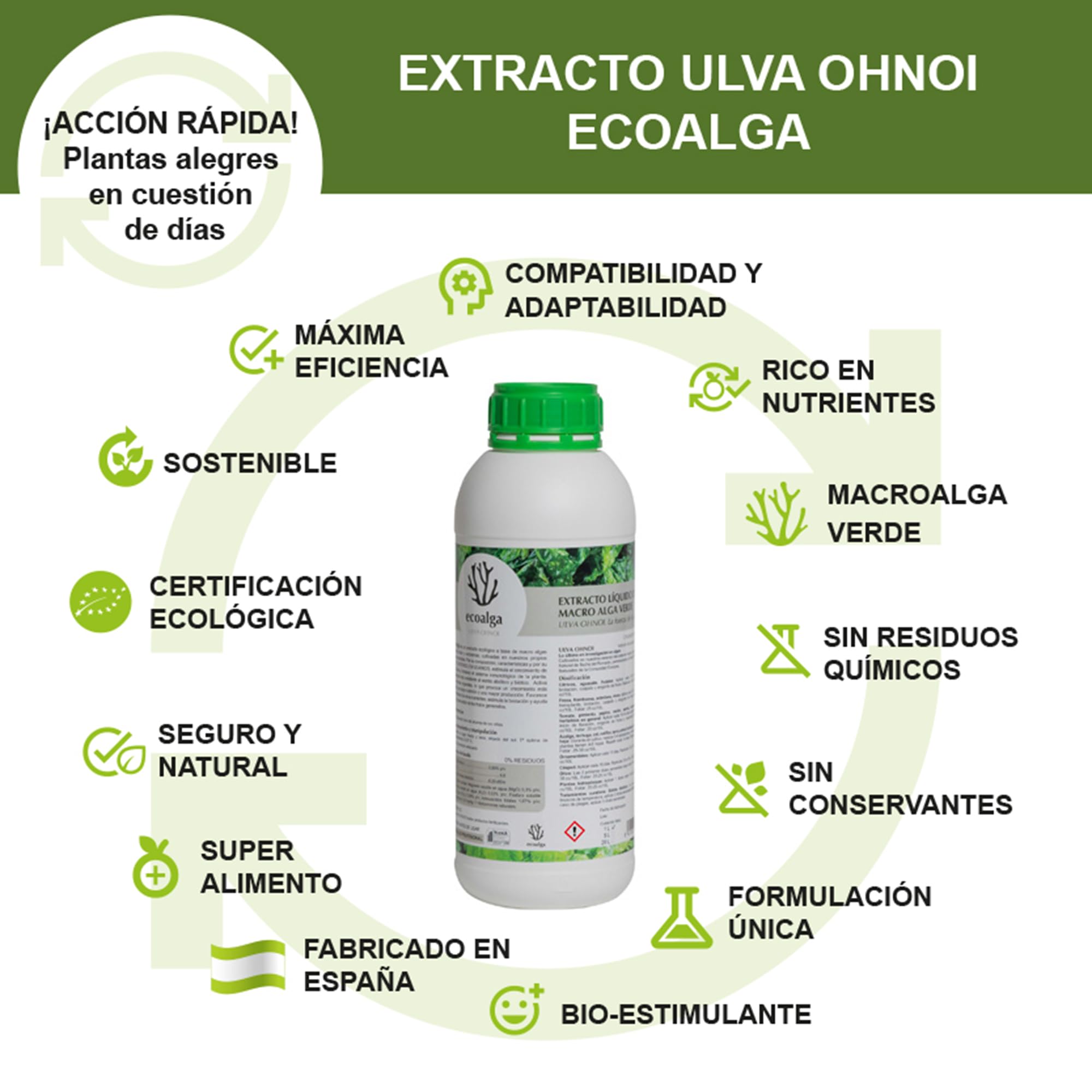 Abono Líquido Fertilizante Alga Ulva Premium Plantas Cultivos 5L. Orgánico y Universal: Huerto, Jardín, Césped, Interior. Rendimiento Todas Fases. Crecimiento, Resistencia, Foliar, Enraizante