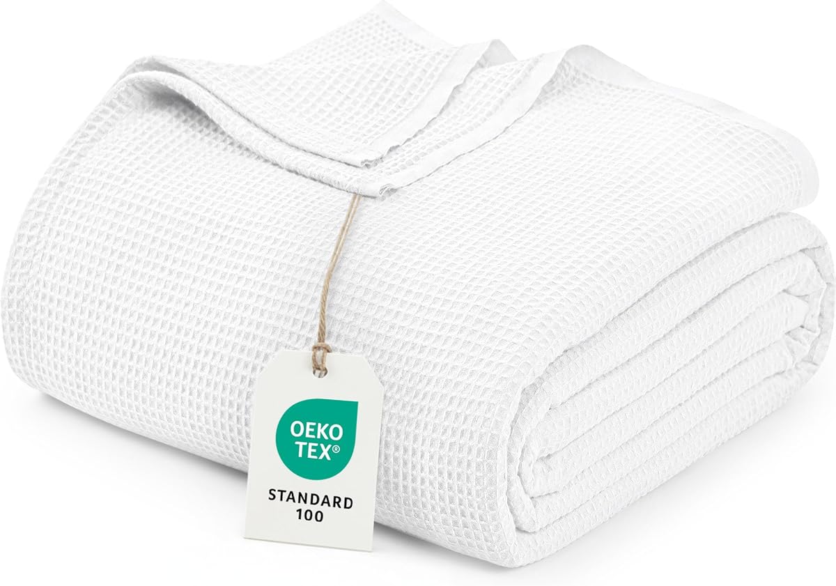 Manta tipo gofre blanca de mezcla de algodón Queen - 90 x 90 pulgadas | Ligero , Agradable para la Piel , Transpirable , Toda Temporada , Lujo , Cama , Sofá , Sofá