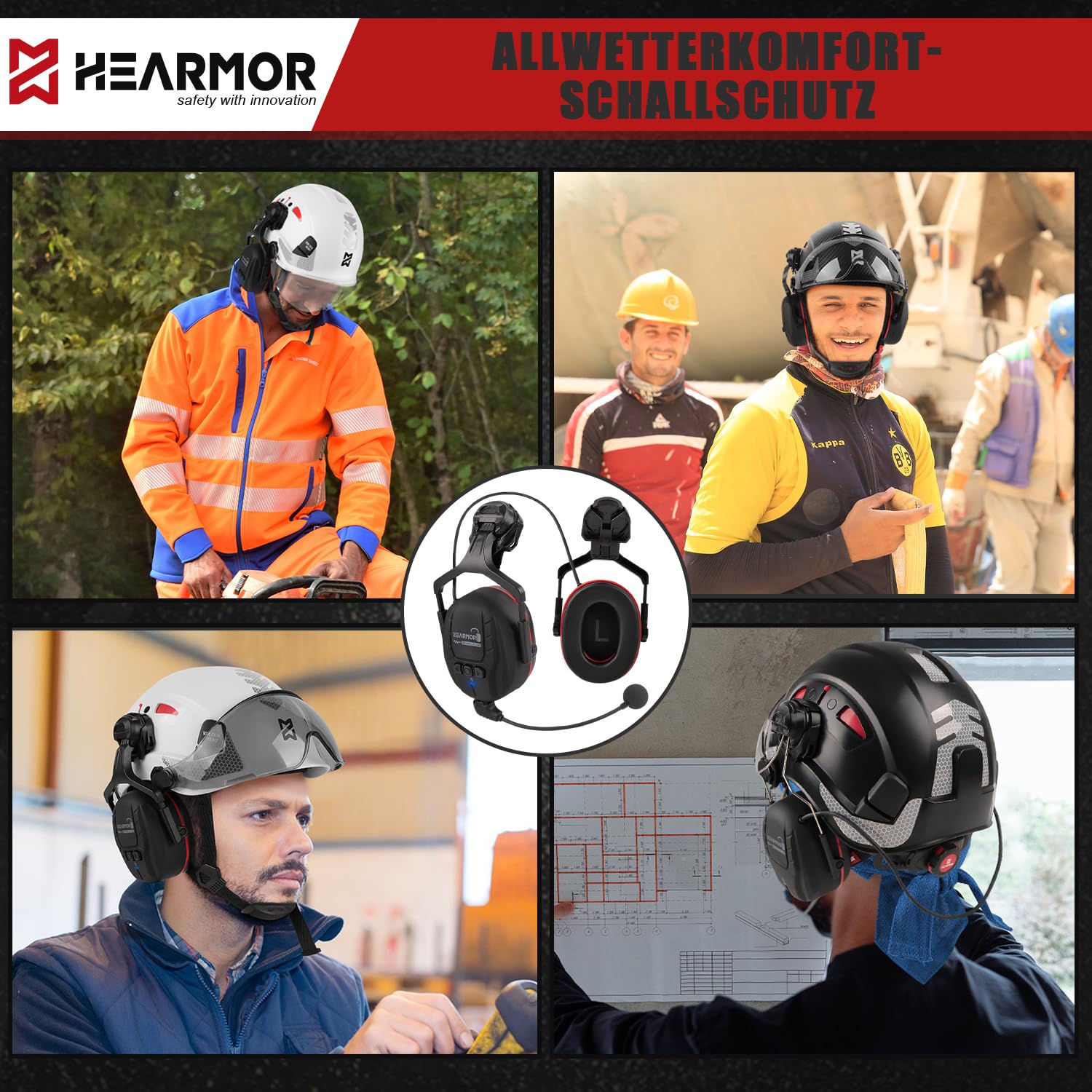 HEARMOR Bluetooth Hartschalen-Gehörschutz, SNR 32dB Lärmschutz, am Helm befestigter Gehörschutz für Mäharbeiten und lärmintensive Arbeiten