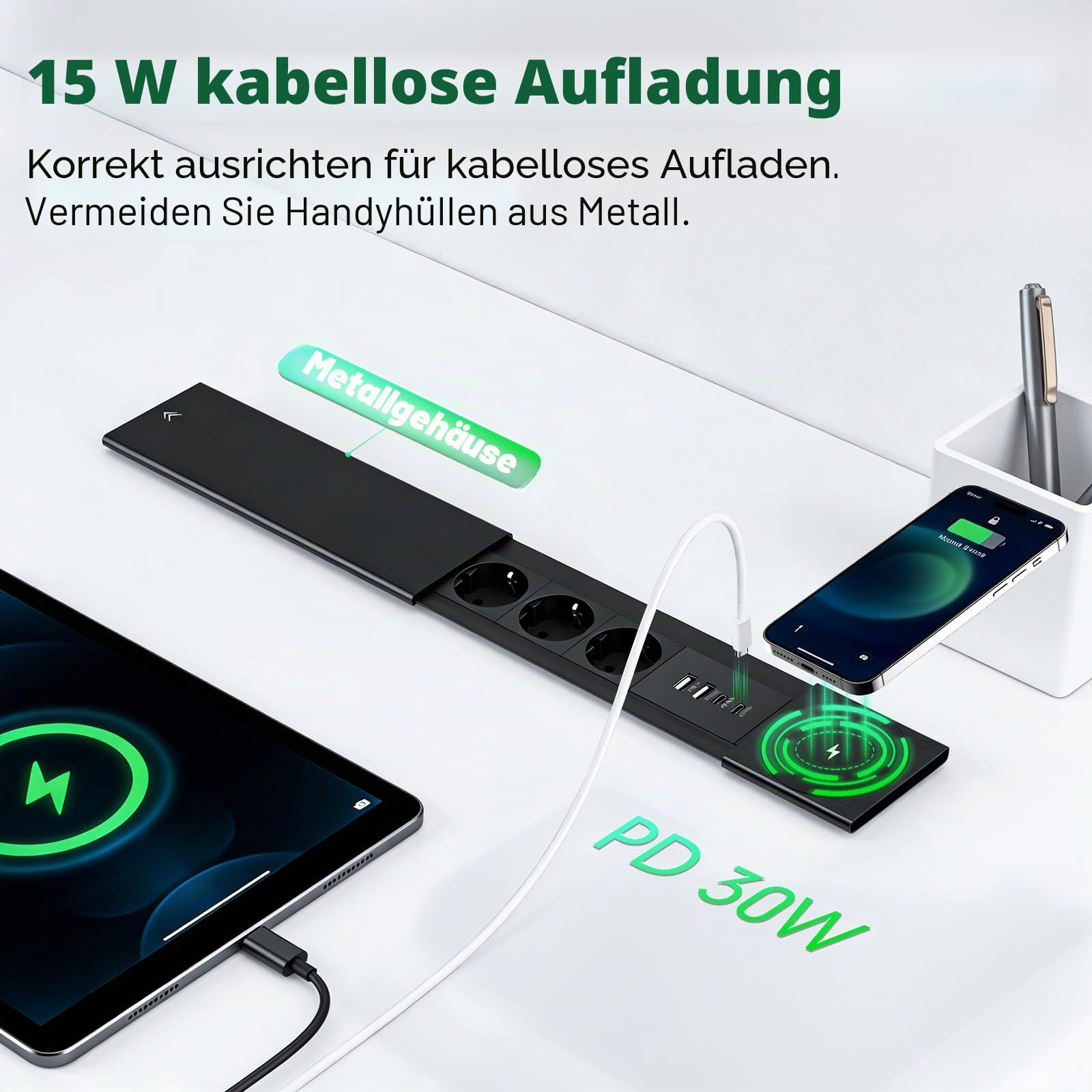 3 Fach Versenkbare Steckdose PD30W und15W Kabelloses Ladegerät und 2 USB C und 2 USB A, Tischsteckdose mit USB Versenkbar und Metall Deckel, Einbausteckdose für Schreibtisch Küche Büro, 1.8 Kable
