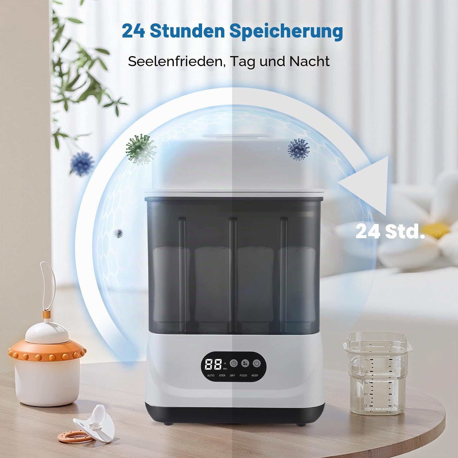 Babyflaschen Sterilisator und Trockner, Sterilisator für Babyflaschen mit Trocknerfunktion Sterilisiert, Trocknet & Heizt,Schnuller-Sterilisator und Selbstabschaltung, 9 Flaschen Kapazität