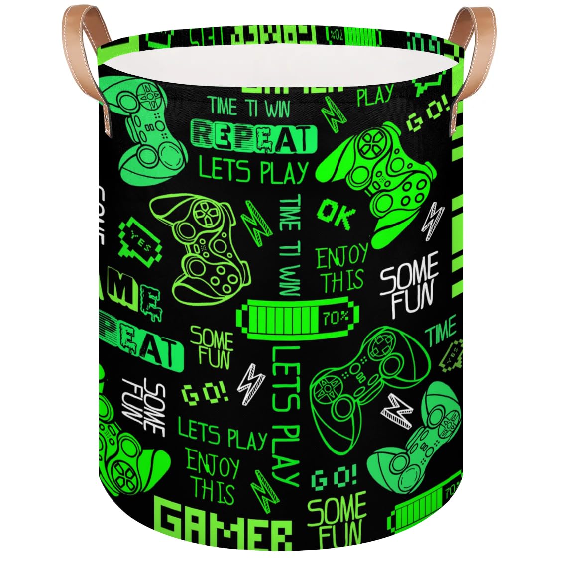 Video Game Bright Green Kids Laundry Hamper Collapsible Laundry Baskets for Nursery Home Dirty Clothes Toys Storage Game Graffiti Round Large Laundry Bucket with Leather Handles 16