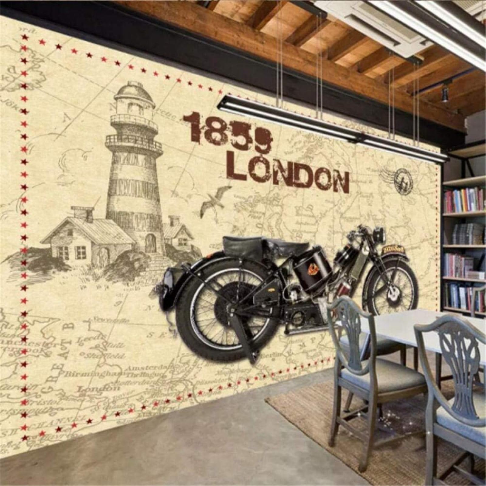 Papel pintado pared 3D de moto retro y mapa en vinilo textura seda de 350x256cm
