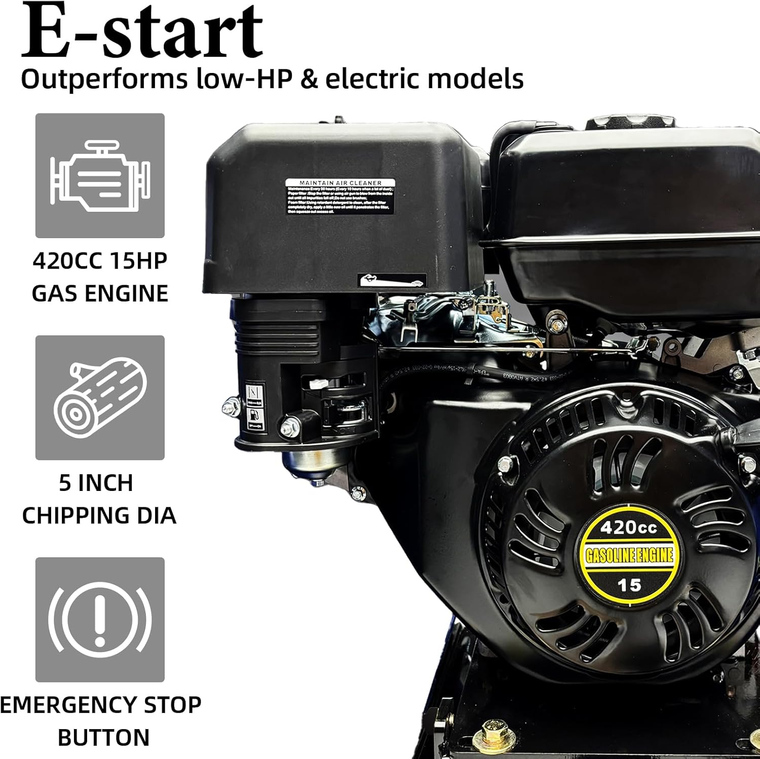 Wood Chipper Gas Powered Towable, 15HP 420cc Engine, Drum Shredder with Emergency Stop, Heavy-Duty Branch Chipper for Farm, Orchard & Large Yard Cleanup (5 inch Drum)