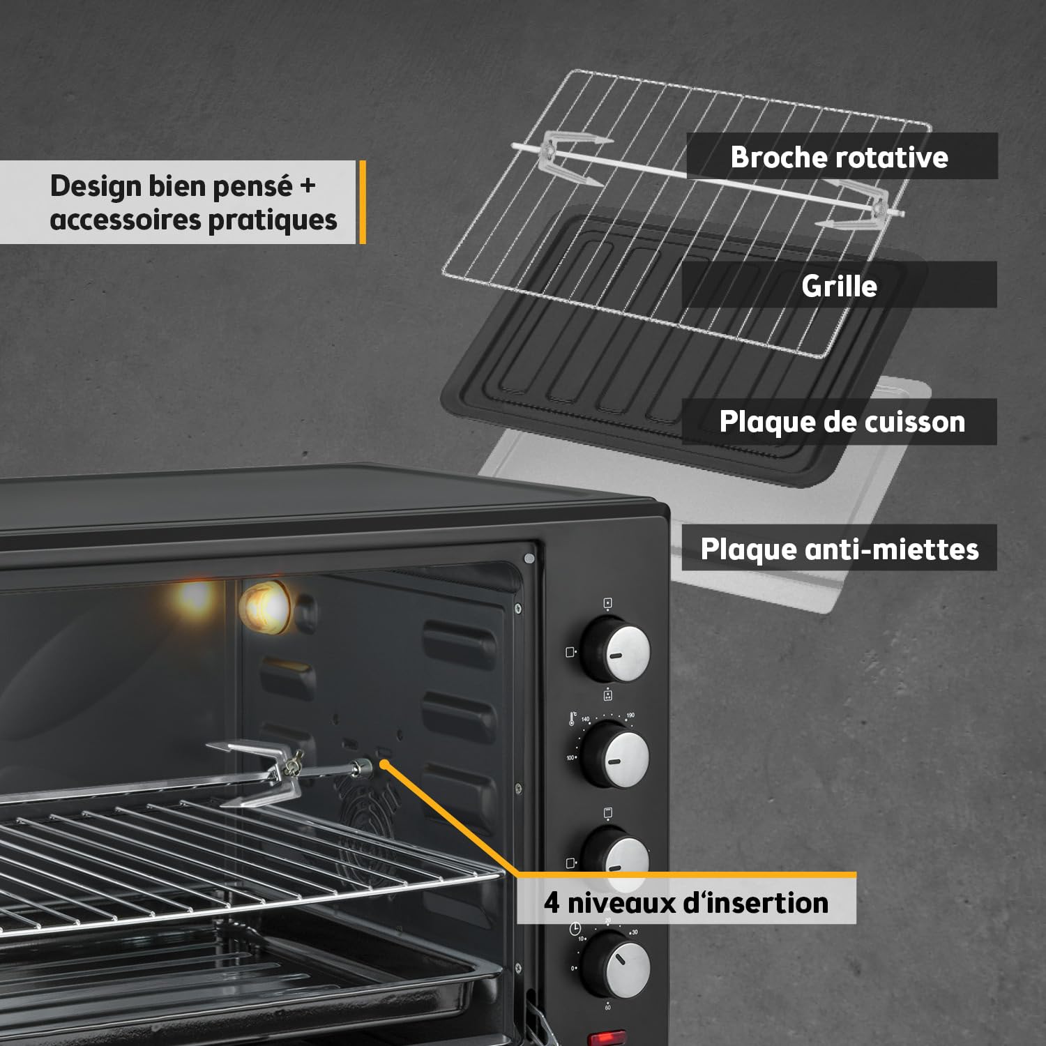 TZS First Austria - Mini-Four 60L 2000W - Four spacieux pour pizza avec température jusqu'à 230°C et 6 modes - Avec minuterie de 60 min, 4 hauteurs d'insertion, plaque, grille et tournebroche rotatif