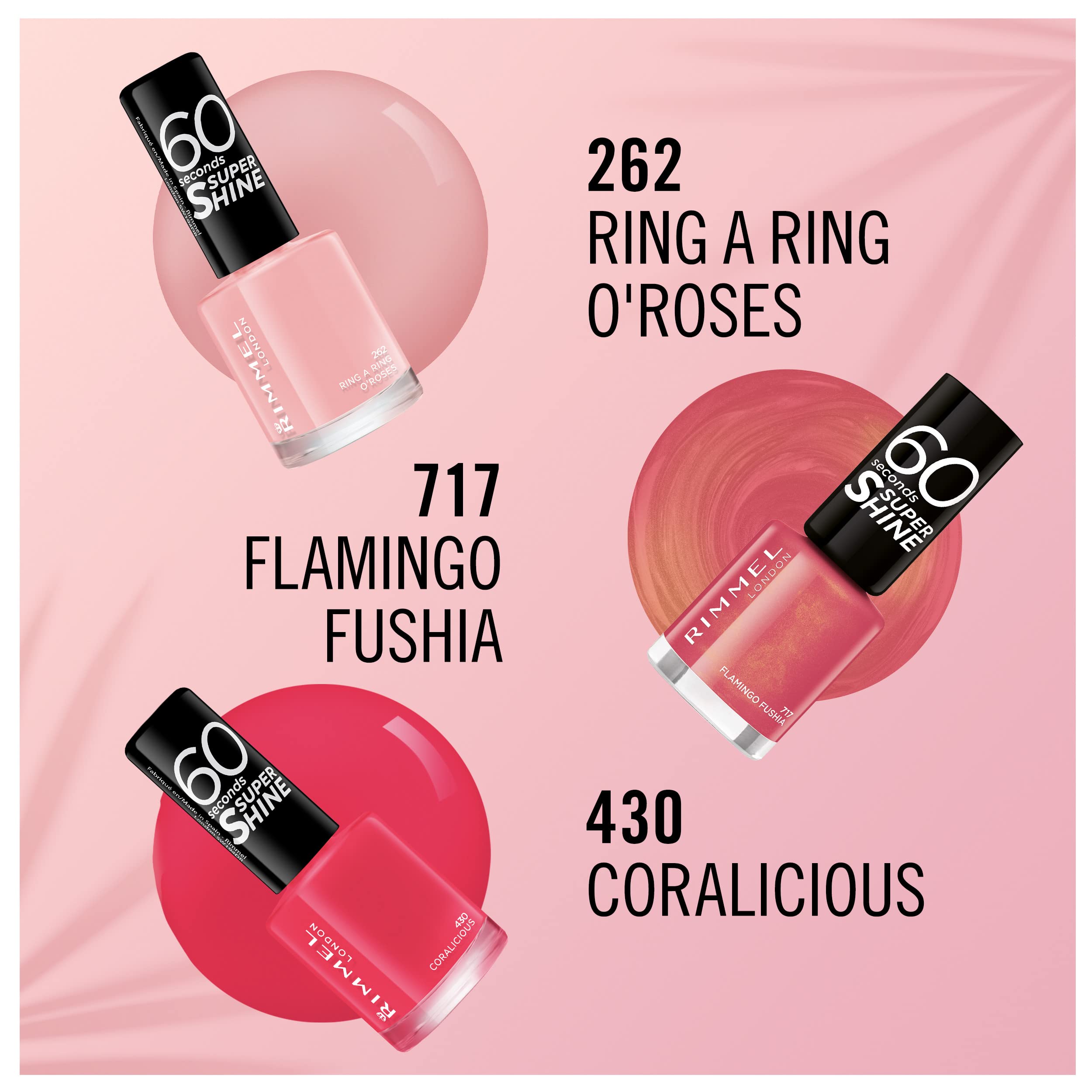 Rimmel London 60 Seconds Super Shine Smalto, Smalto asciugatura rapida, Colore vibrante, A lunga tenuta, 8 ml, 262 RINGARING Roses