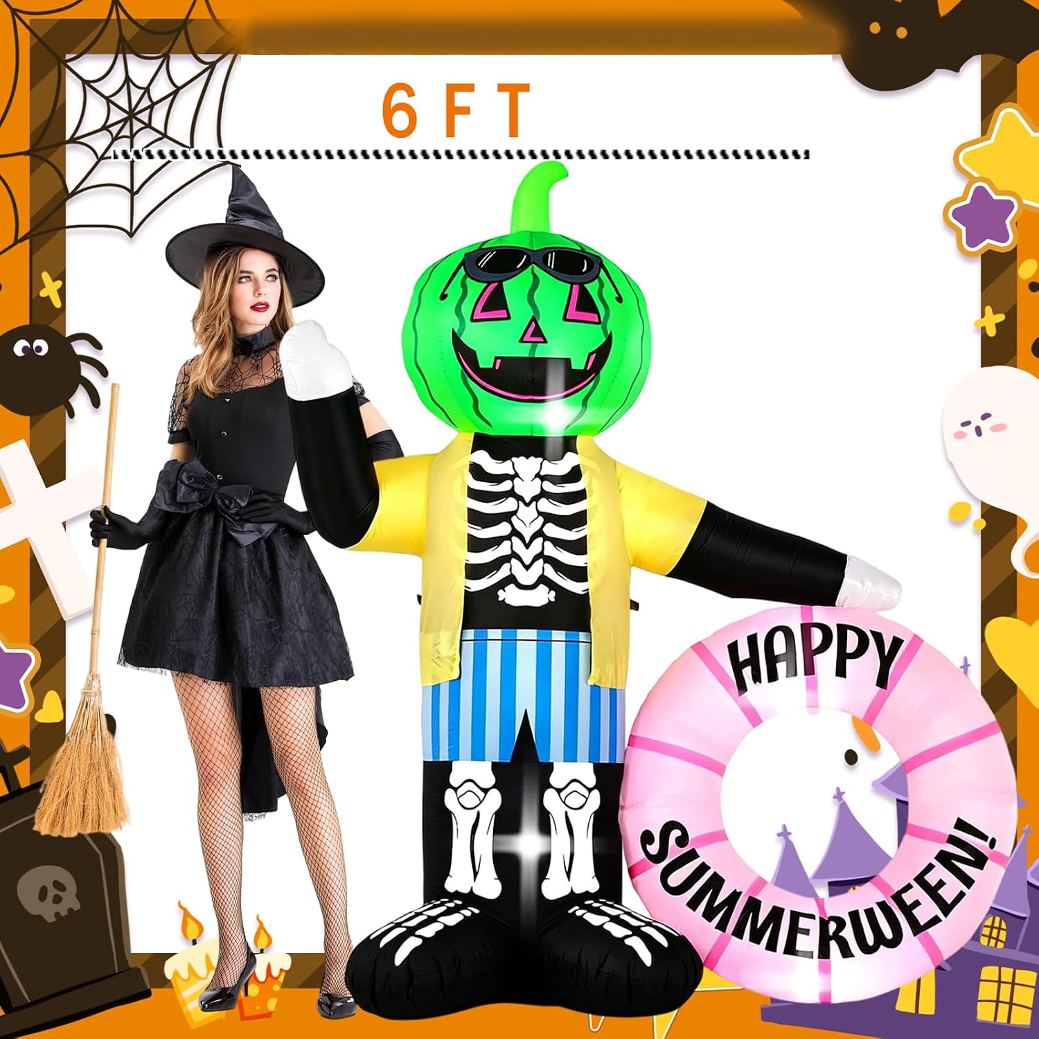 6FT Watermelon Zombie Holding Flower Wreath, Summer Halloween Outdoor Inflatable Decoration with Built-in LED Lights. Suitable for Indoor, Outdoor, and Lawn Parties.