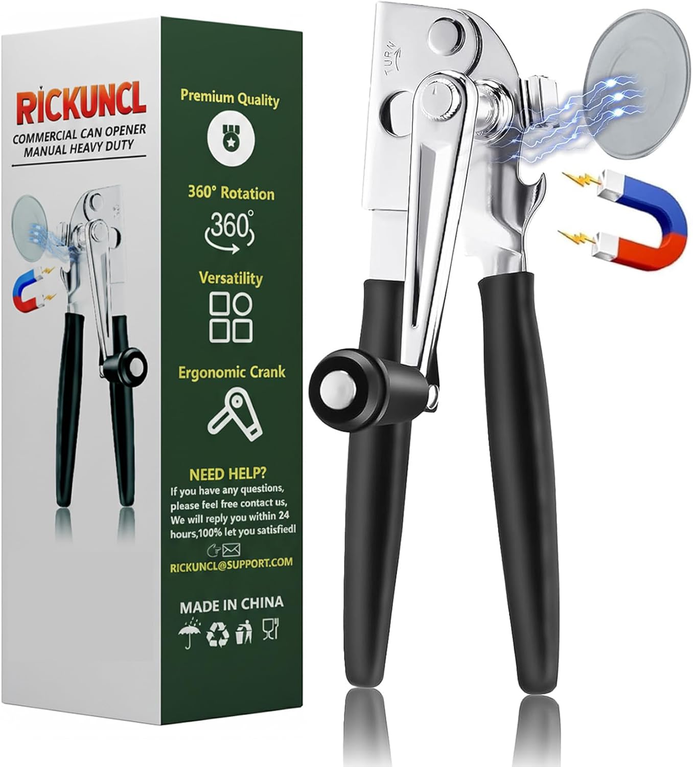 Commercial Can Opener Manual, RICKUNCL Heavy Duty Can opener with Magnet, Stainless Steel Handheld Can Opener with Folding Easy Crank Handle Oversized Knob for Big Cans and All Size Cans