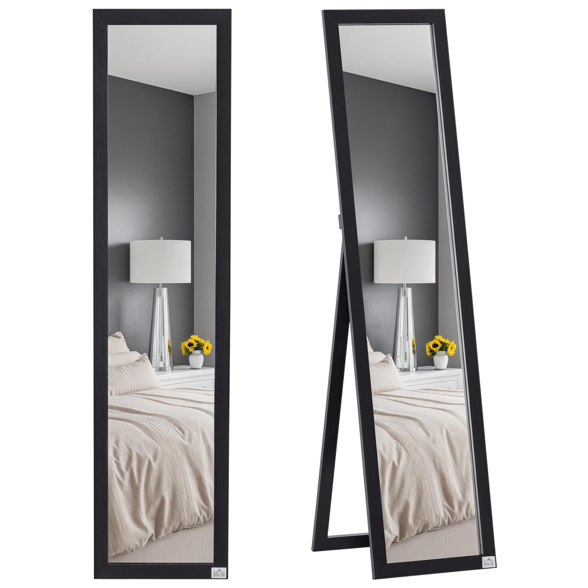 HOMCOM Specchio da Terra con Supporto Richiudibile, 37x154 cm Specchio Verticale con Cornice, Fori Per Montaggio a Parete e Pellicola Anti Esplosione, per Camera da Letto, Soggiorno, Ingresso, Nero