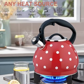 Red and White Polka Dot Whistling Tea Kettle, Vintage Teapot Stovetop Stainless Steel Whistle Induction Tea Kettle Water Boiling Pot for Kitchen Stovetop