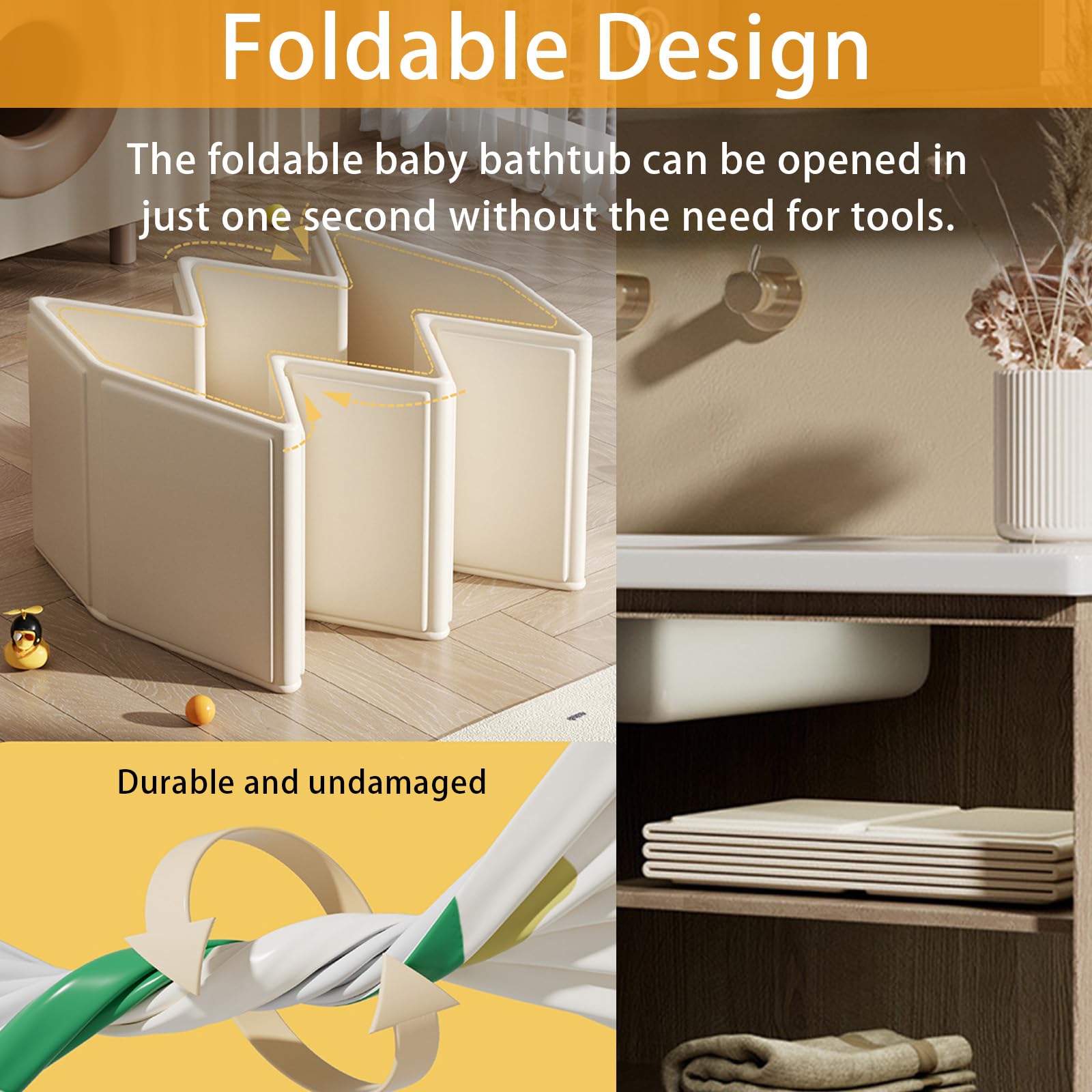 Bañera Plegable, Bañera Independiente Portatil Lavabo de Ducha Portátil Integrado con 3 Cepillos de Silicona Antideslizante Tapón hermético Piscina Infantil Plegable 75x70x20 cm