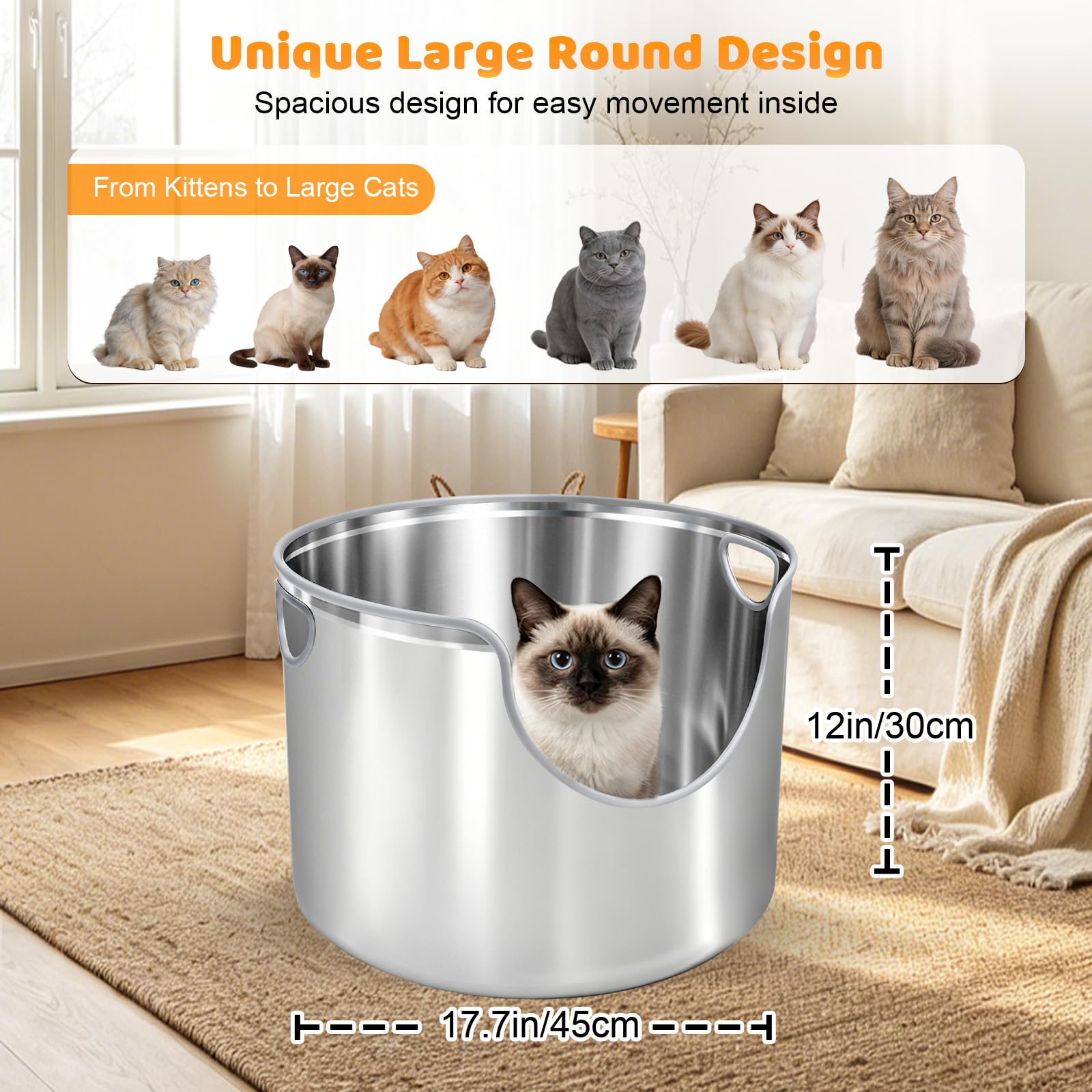 Homegroove Caja de arena redonda de acero inoxidable, caja de arena de metal de doble cara alta para gatos grandes, a prueba de fugas y fácil de limpiar, con cuchara de acero inoxidable