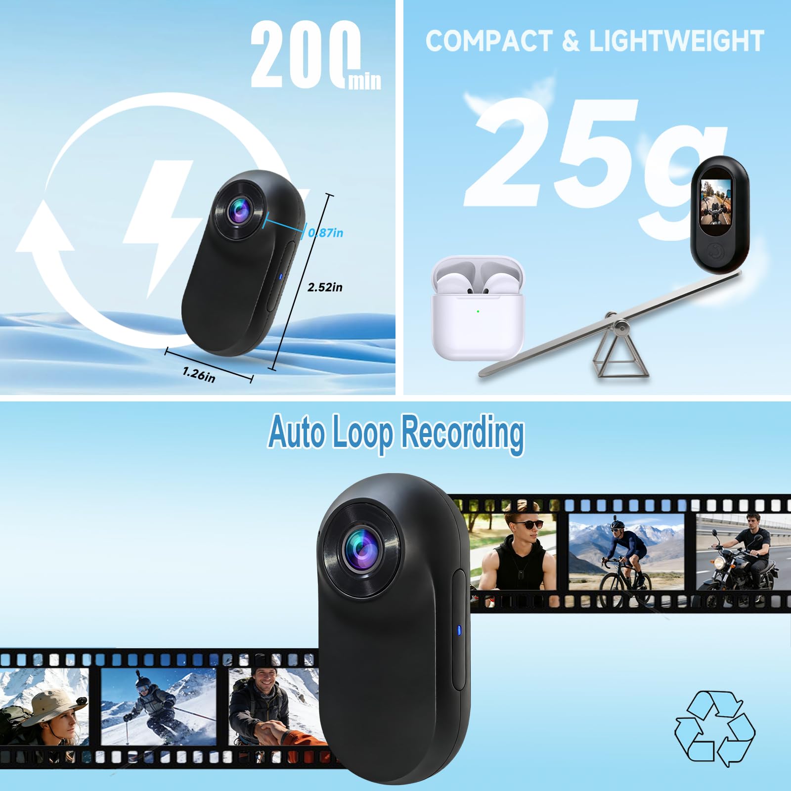 1080P Mini Action Cam, Daumengroße Helmkamera Motorrad, Bodycam Körperkamera Mini mit integriertem 32GB Speicher, POV Kamera für Radfahren, Reisen und Outdoor Abenteuer(Matt Schwarz)