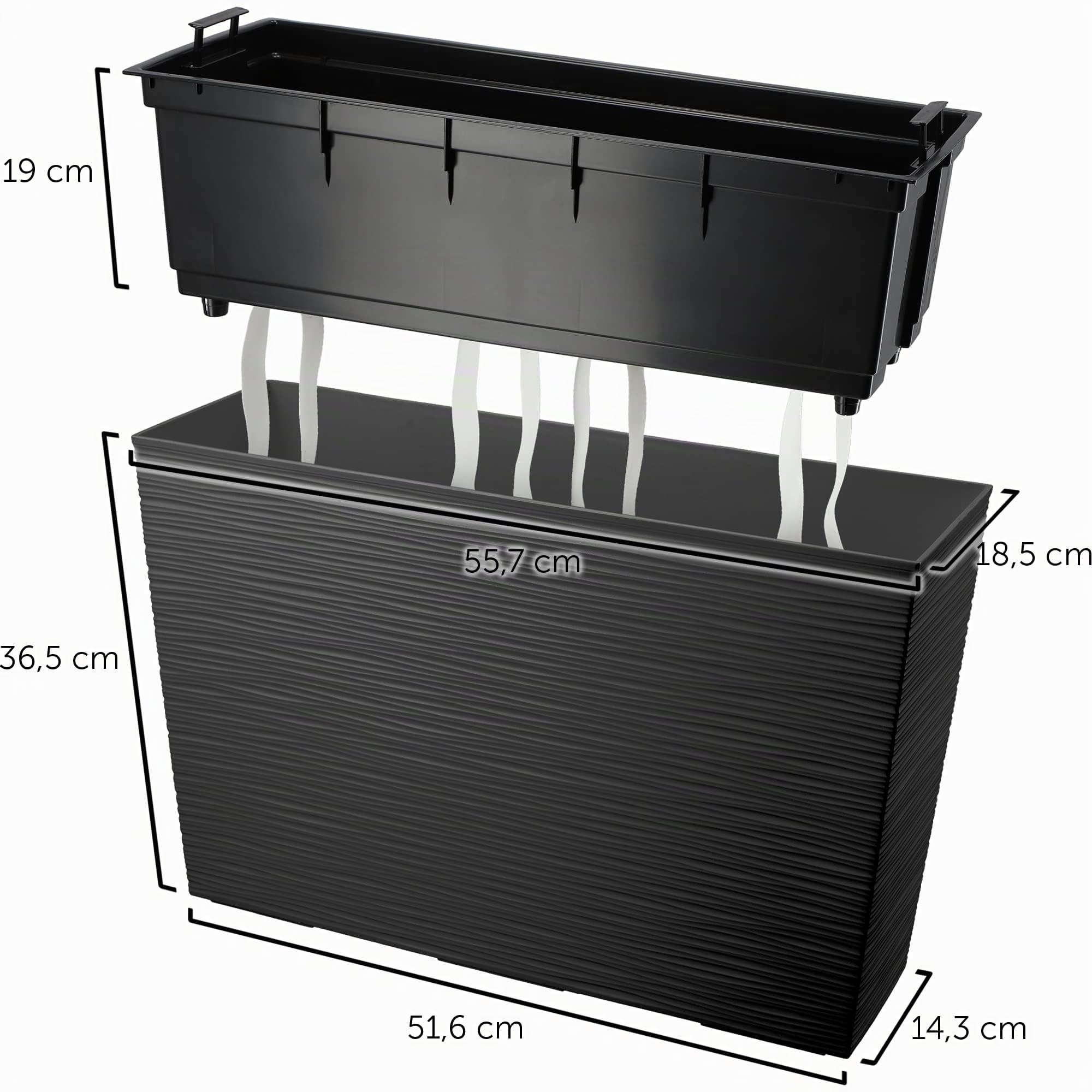KADAX Jardiničre en Plastique, 18,5 x 55,7 cm, 5 Couleurs, Pot de Fleurs avec Bandes d'irrigation, Jardiničre de Balcon avec Insert, Cube de Fleurs (rectangulaire, Motif fissuré, Noir)