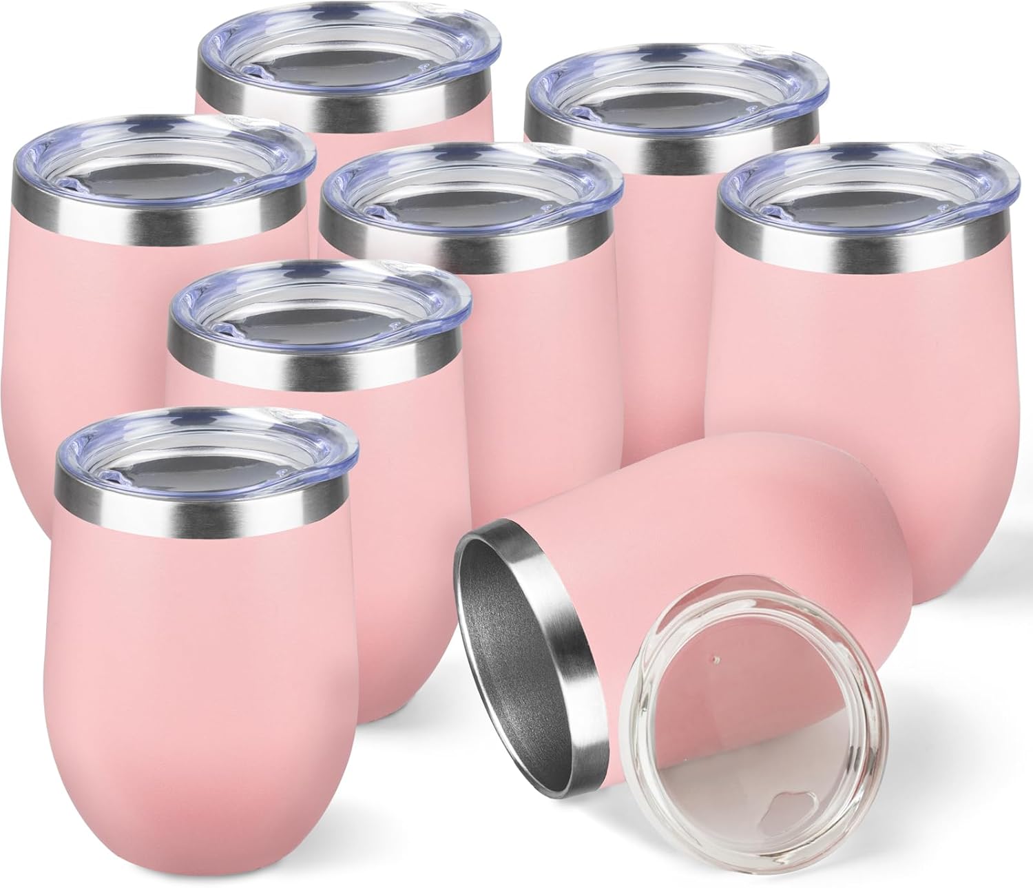 StarSpeed 12oz/8 Pack Wine Tumbler with lid, Stainless Steel Travel Mugs Stemless Double Wall Insulated Coffee Cup, Insulated Wine Glasses Travel Tumbler for Cold & Hot Drinks(Light Pink, 8)