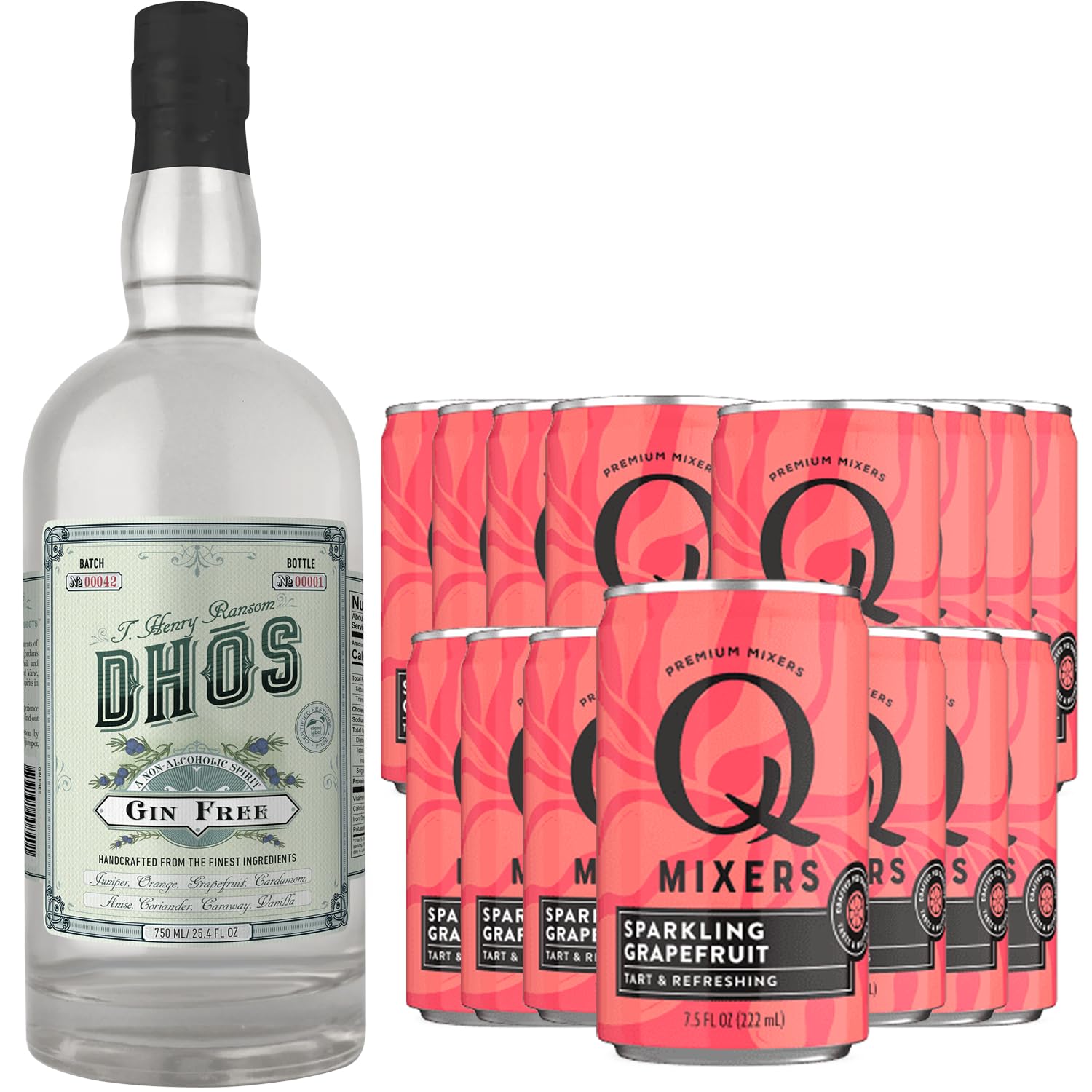 Dhos Handcrafted Non-Alcoholic Gin w 15 Pack Q Mixers Sparkling Grapefruit - Keto-Friendly, Zero Sugar, Zero Calories, Zero Proof - 750 ML - Perfect for Mocktails - Made in USA