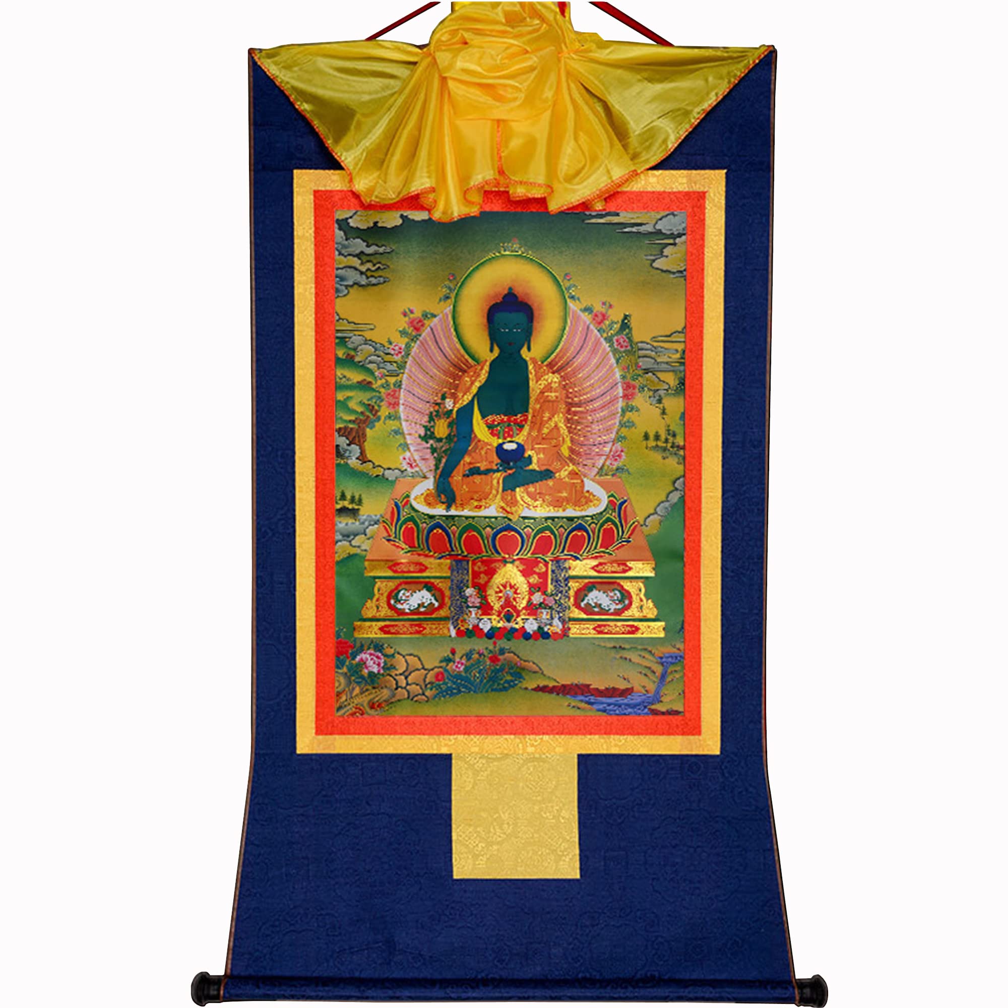 Gandhanra Tibetan Buddhist Thangka Wall Hanging,Bhaisajyaguru Thangka,Medicine Buddha Thangka,Hot Stamped Brocade Buddhist Tapestry for Zen Home Decor, Meditation, Spiritual Relaxation