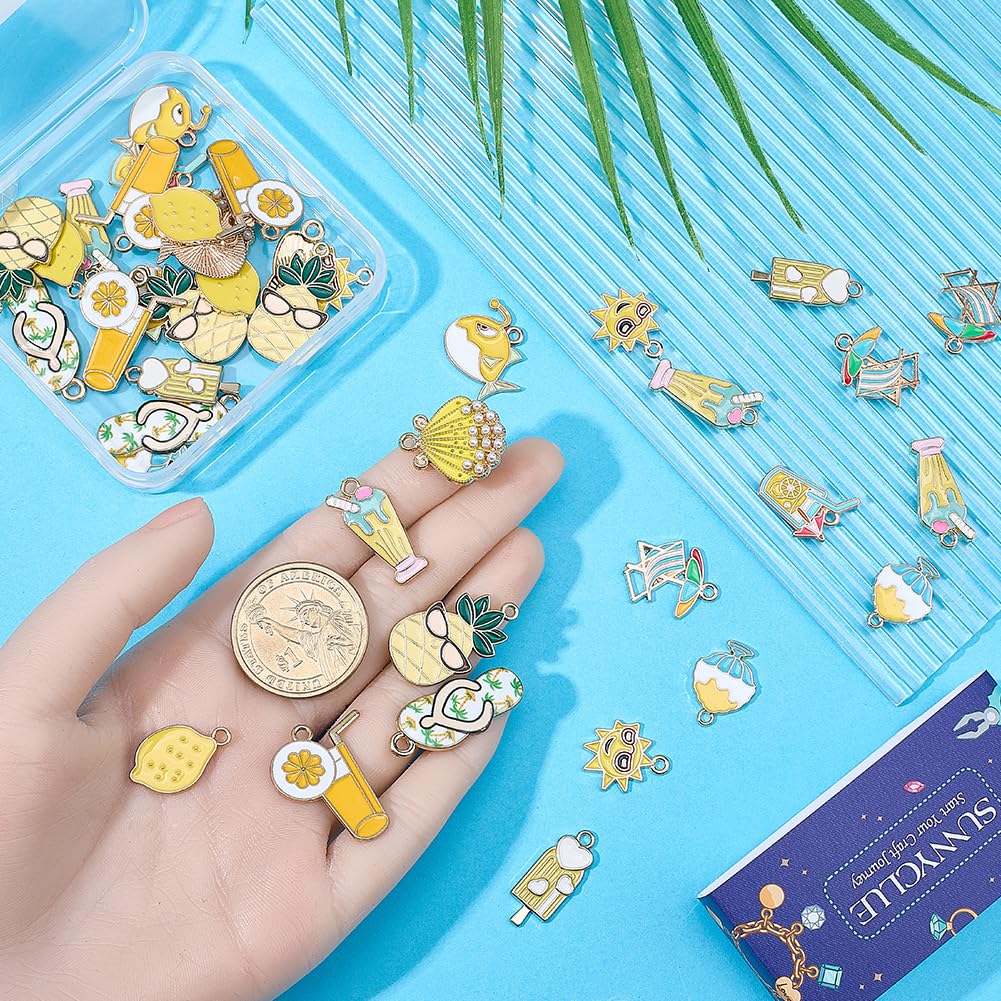 SUNNYCLUE 48 pz 12 stili Ananas Ciondoli Bracciale A Tema Hawaiano Ciondoli Spiaggia Estiva Gialla Bevanda Pesce Gelato Pendenti Piccoli Estetici In Lega per Creazione di Gioielli Braccialett