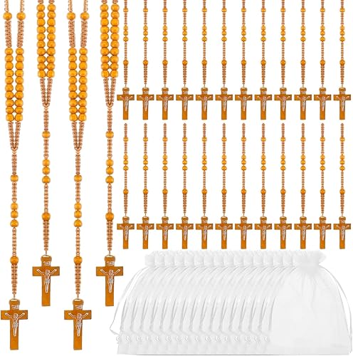 24 piezas de rosario de madera, rosario católico, cuentas talladas en madera con cruz de Jesús, rosario de primera comunión, a granel con bolsas de