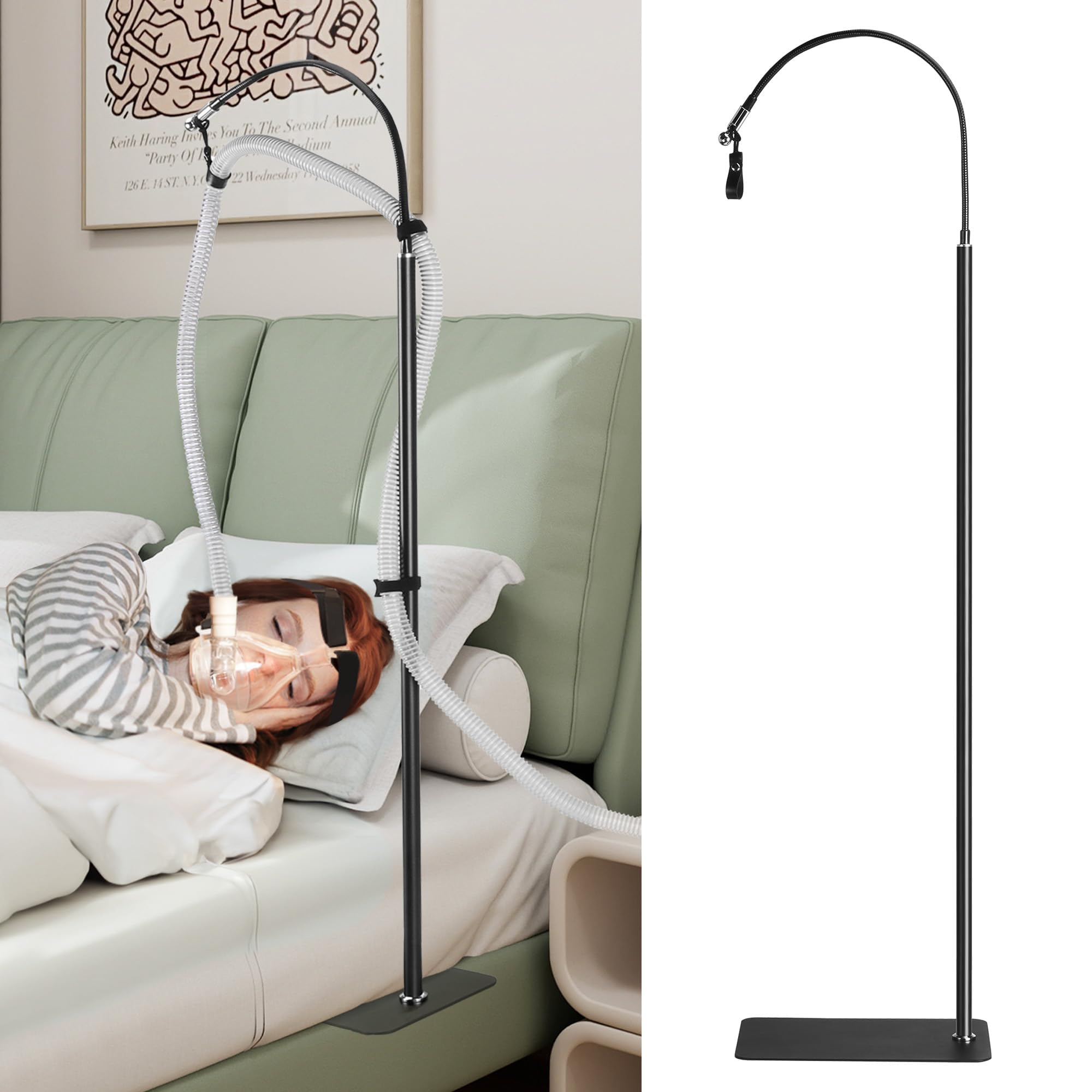 CPAP Support-Tuyau Suspendu pour lit avec Hauteur et Angle Réglables, Peut Empêcher Les Fuites/Enchevêtrements de Tuyaux，360 ° Bras Pivotant，Matériau Métallique Plus Solide et Stable