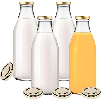 mikken 4 Glass Bottles 1000 ml Juice Bottles Milk Bottles with 8 Lids Gold with Labels