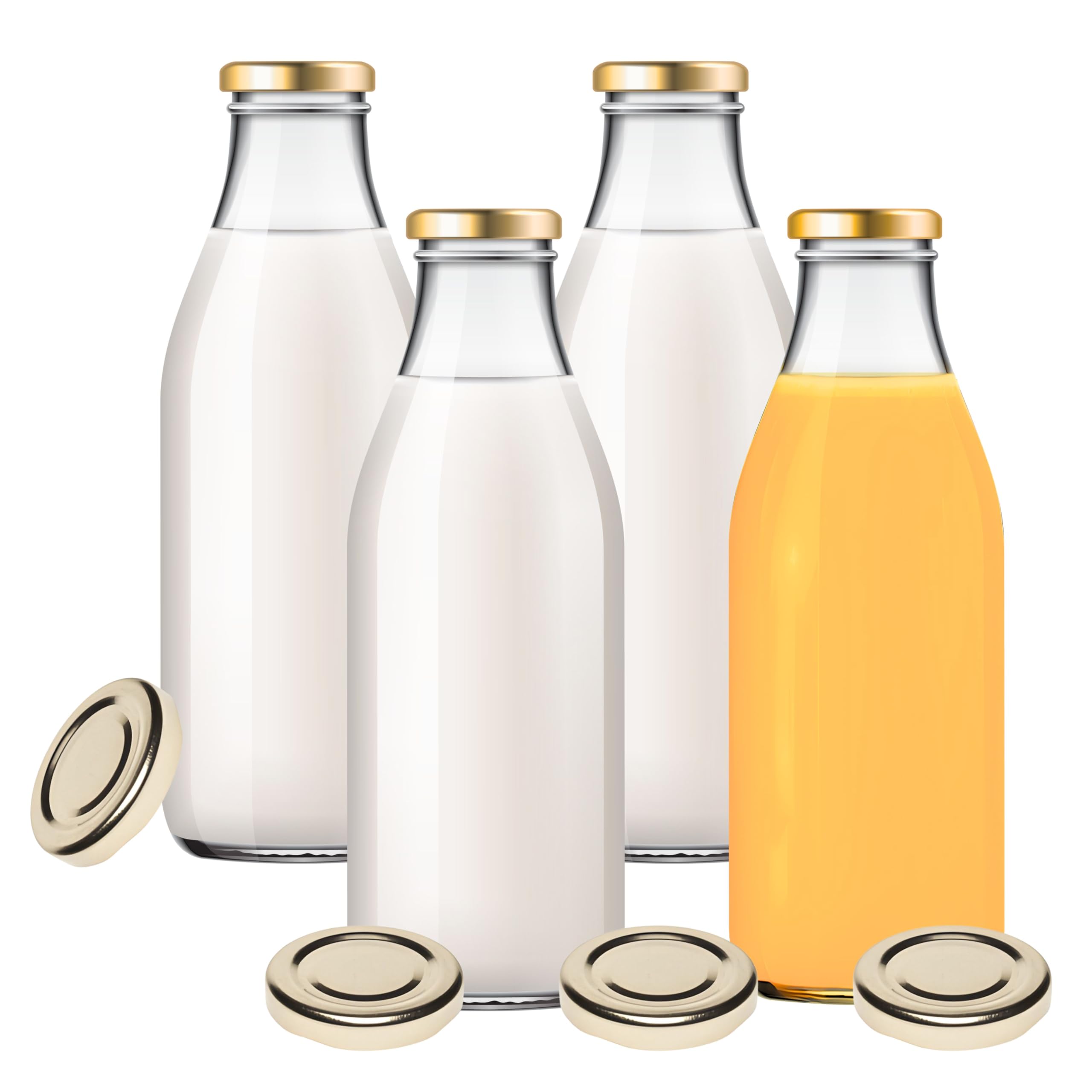 4 bottiglie di vetro da 1000 ml, con 8 coperchi dorati, con etichette incluse