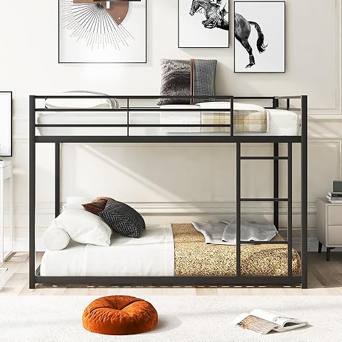 Miniatura 3 de Litera de tamaño matrimonial sobre tamaño matrimonial con escalera, litera de metal de tamaño matrimonial con barandilla de seguridad para niños,