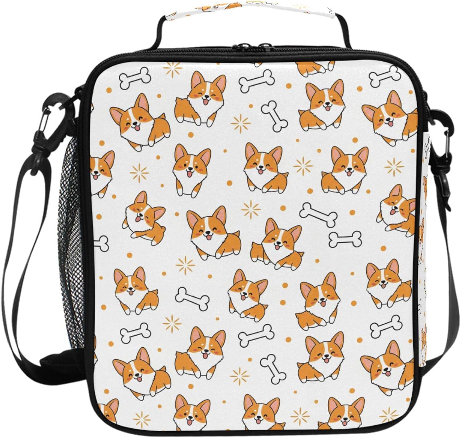 Pfrewn Corgi Dog Lunch Box Yellow Puppies Insulated Lunch Bag Cute Star Dogs Bone Reusable Cooler Meal Prep Bags Lunch Tote with Shoulder Strap for Office Adults School Kids Girls Boys Teens