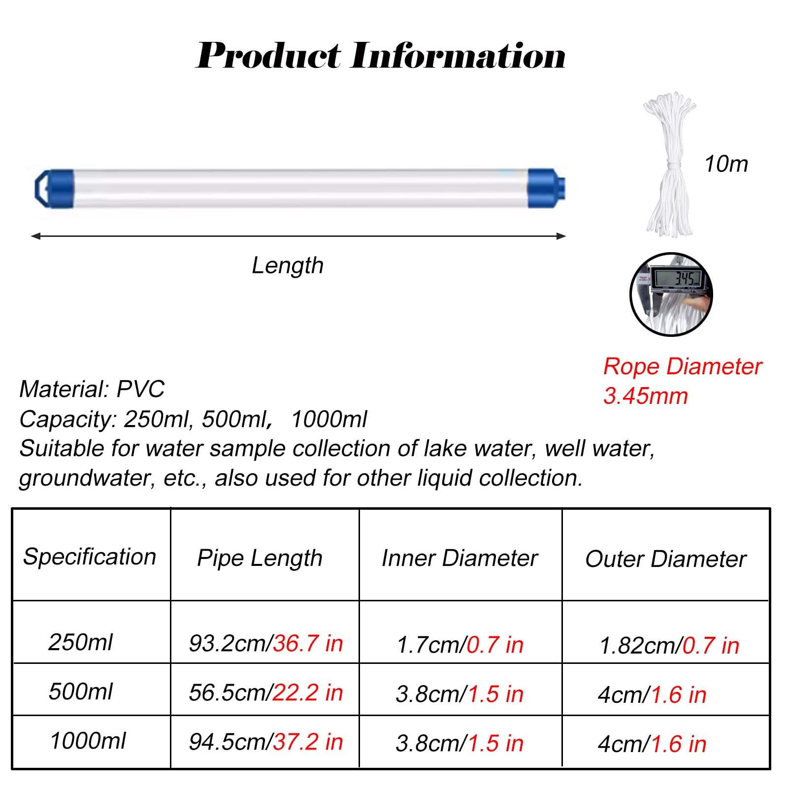 MZZKFC 0.25 0.5 1 L PVC Liquid Samplers, Ultra Light Water Sample Collector with Gravity Water Stopper Ball & Valve, Experimental Testing Water Sample Dipper(20 pcs,500ml(22.2 in))