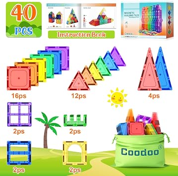 Coodoo Magnetic Tiles Kids Toys STEM Magnet Toy for Toddler Magnetic Blocks Building Preschool Learning Sensory Montessori Toys for 3+ Year Old Boys and Girls, Safe Creativity Toddler Kids Toy 40PCS