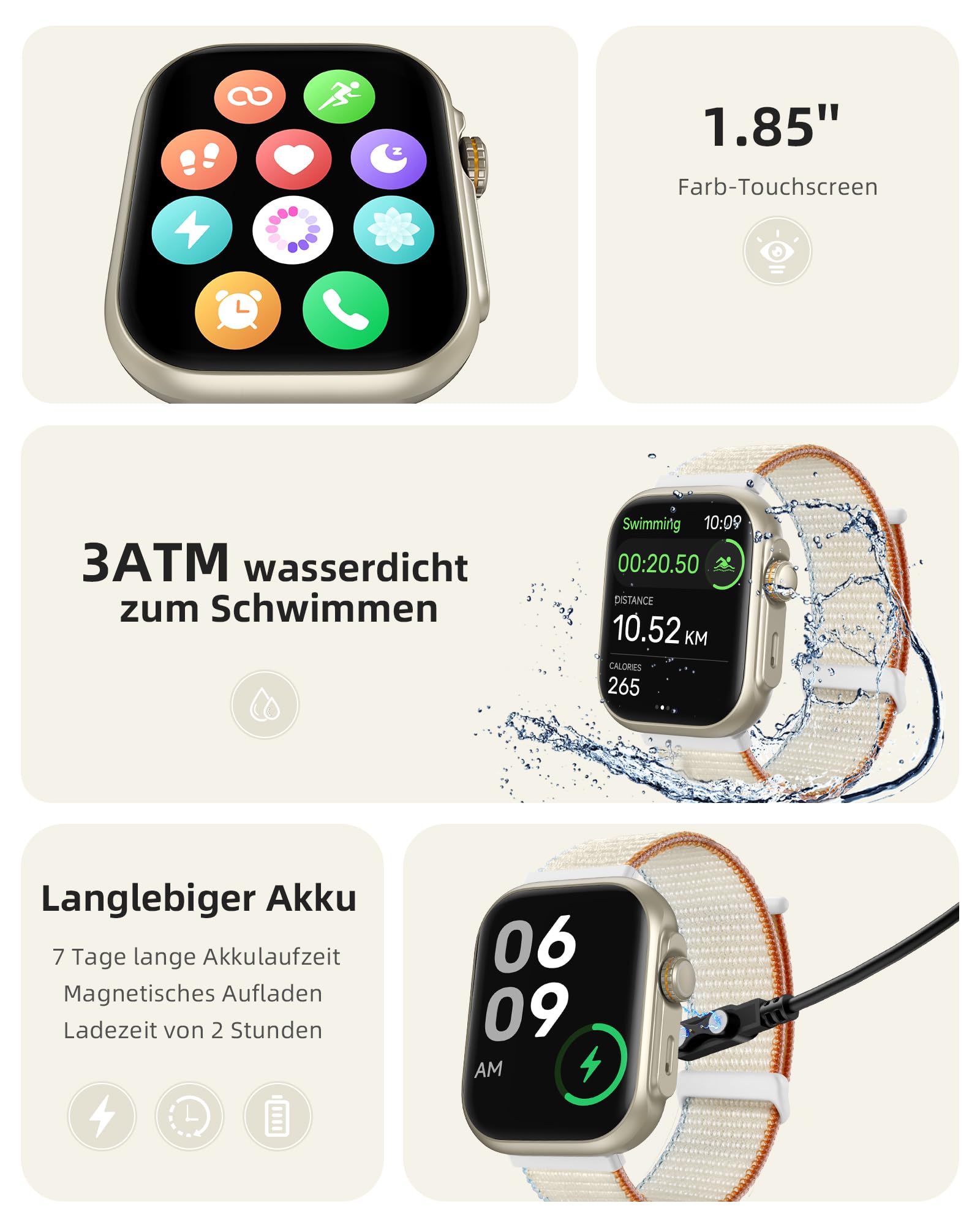 Parsonver Smartwatch mit Eingebautes GPS, 30M Schwimmend Wasserdicht | 1,85" Fitnessuhr mit Telefonfunktion, Fitness Watch mit 100+ Sportmodi, Herzfrequenz, Schlafen, für Android/iOS, Sternsilber