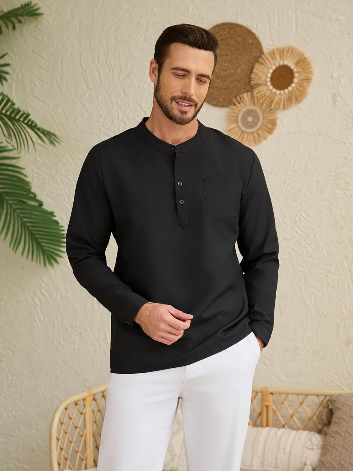 Mens Henley Shirts Long Sleeve Dress Shirt Business Work Office Shirt Summer Beach Cocktail T-Shirts with Pocket - Image 2