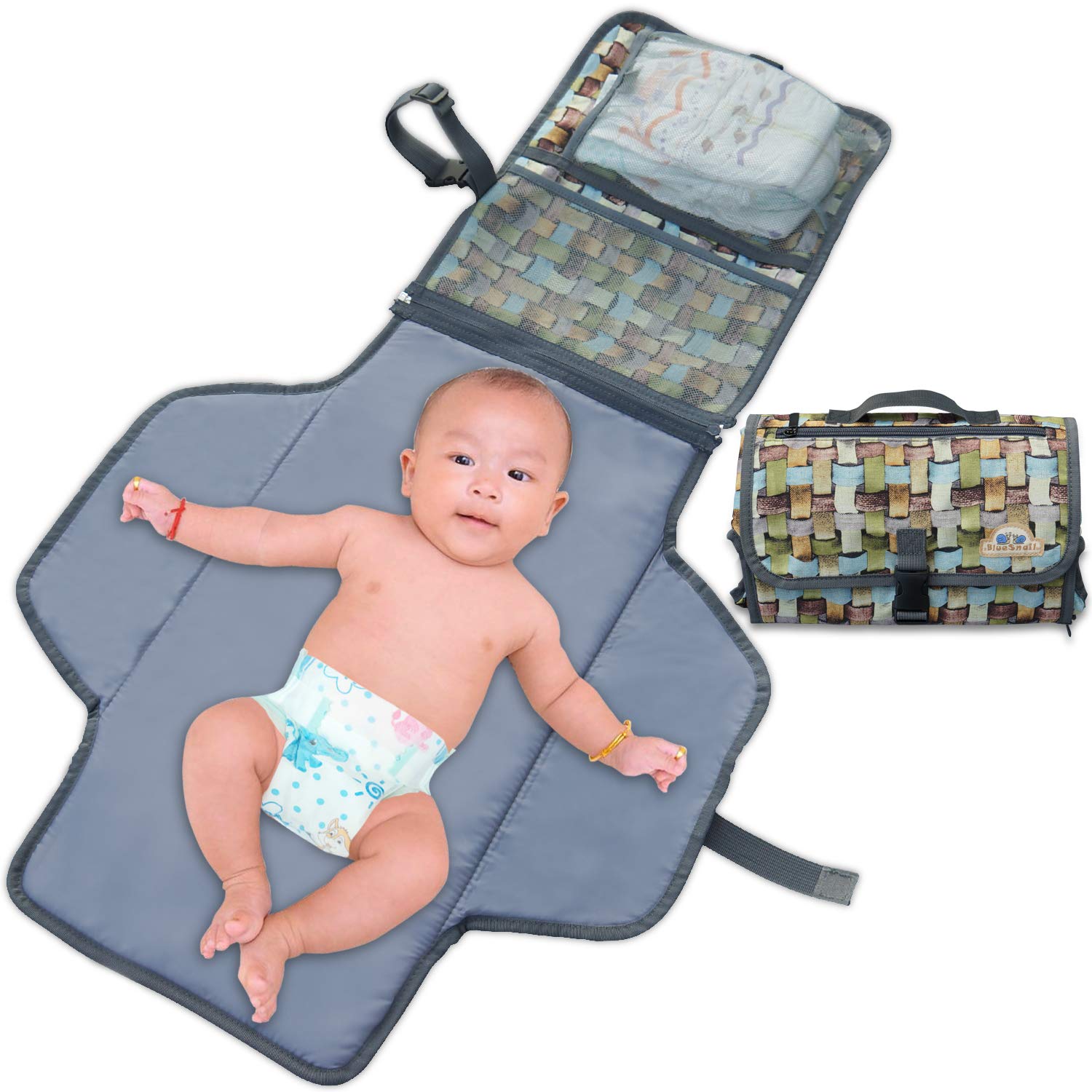 BlueSnailPortable Changing Pad,Diaper Clutch,Lightweight Travel Station Kit for Baby Diapering (Light Blue+ Gray)