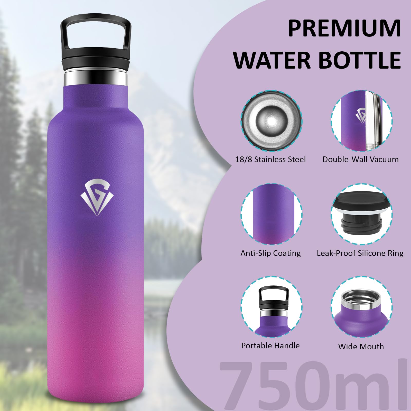 Borraccia Termica, Borraccia 750 ml, Senza BPA, Borracia con Cannuccia e Filtro, Senza Perdite, Bottiglia Termica, Borracce Termiche per Campeggio, Uffici, Caffè, Viaggio, Palestra, Yoga