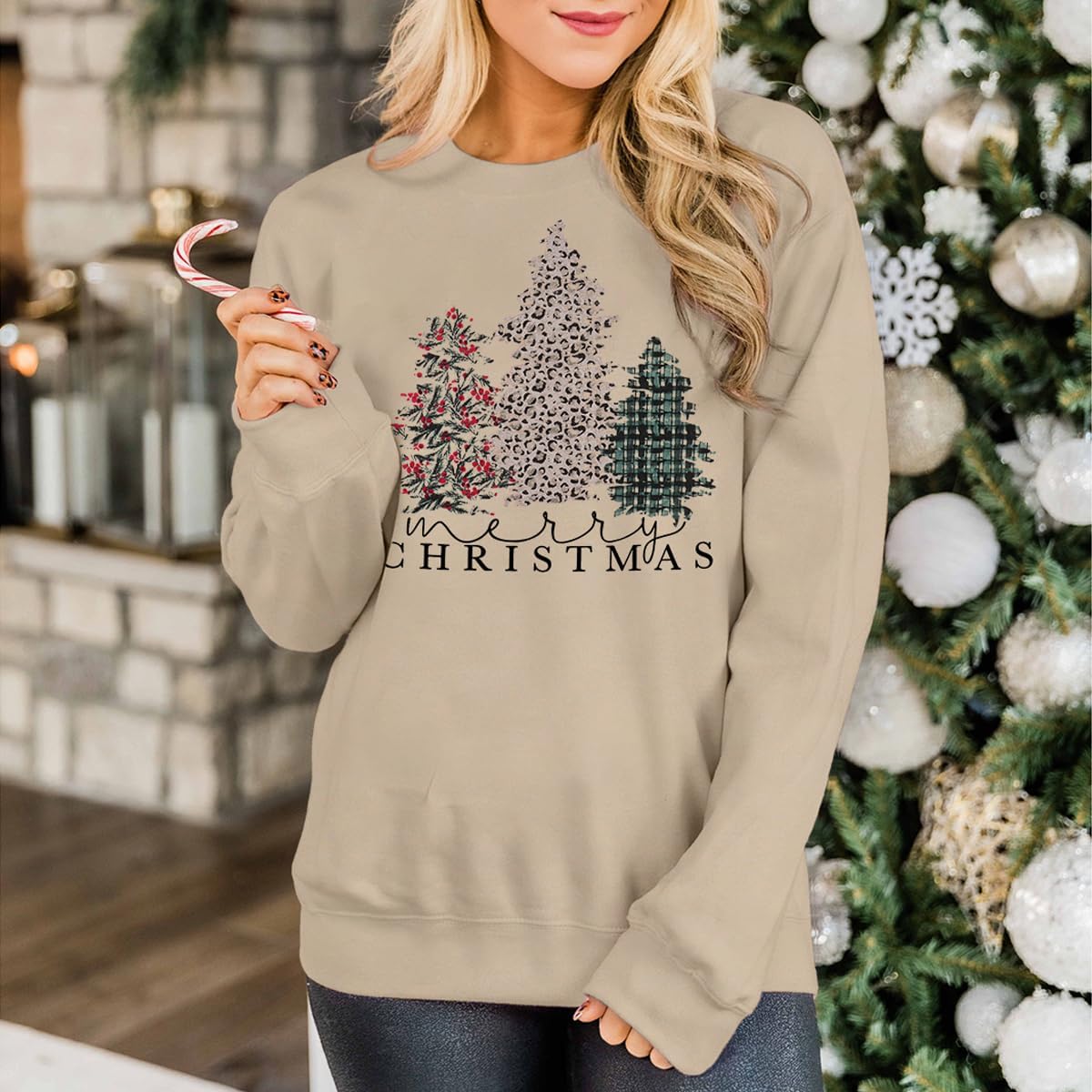 IZYJOY Merry Christmas Sweatshirt for Women Xmas Tree Graphic Long Sleeve Pullover Crewneck Oversized Lightweight Holiday Top - Image 2
