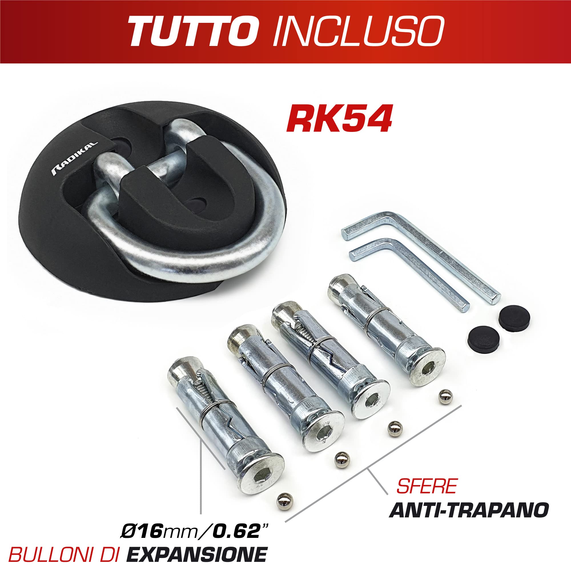 RADIKAL RK54 - Ancoraggio antifurto Garage Moto, roulotte, Garage, rimorchi, in Acciaio ad Alta Resistenza con Braccio oscillante