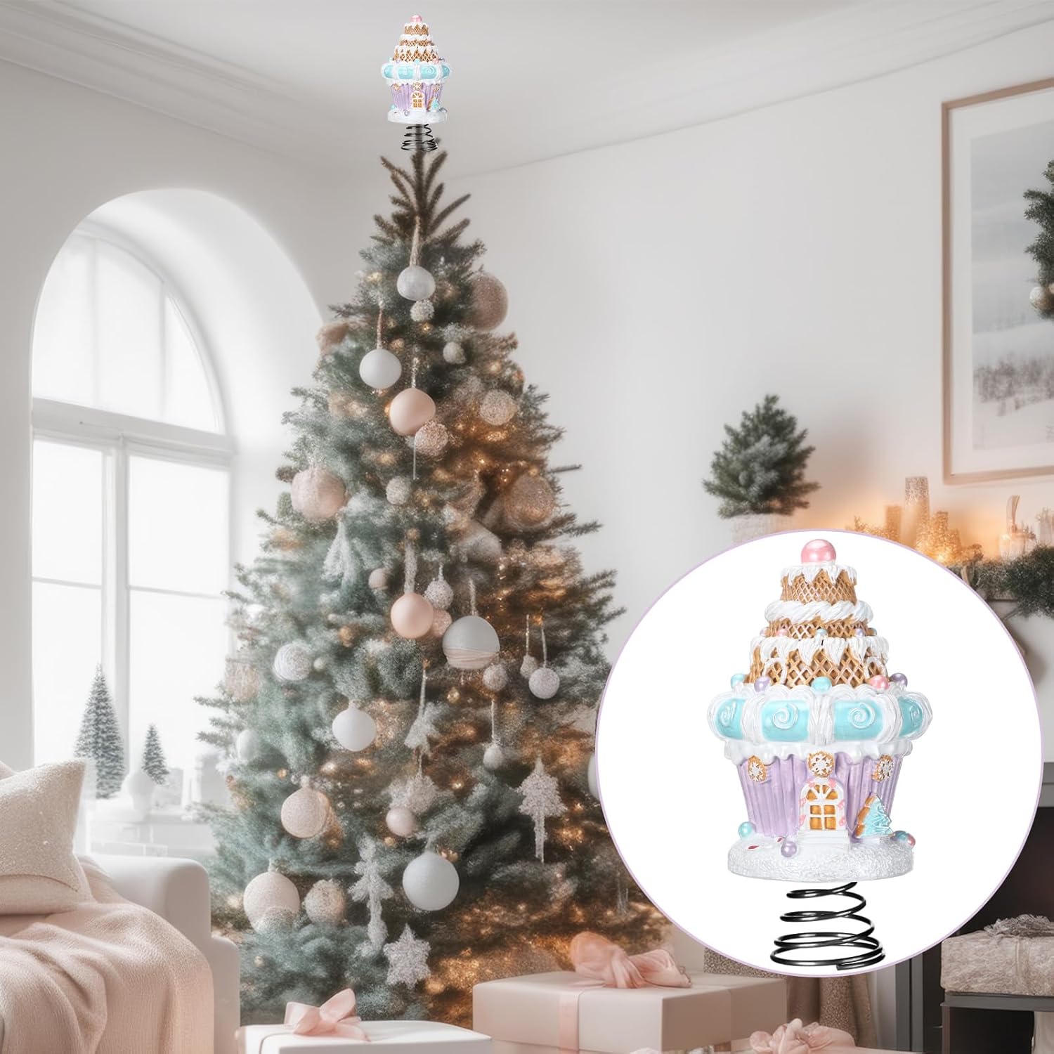 Simgoing 5.5 Inch Gingerbread House Tree Topper Candy Christmas Tree Topper Christmas Pastel Cupcake Decorations Pink Xmas Gingerbread Ornaments 3D Attachment Gift for Home Festive Party Decor