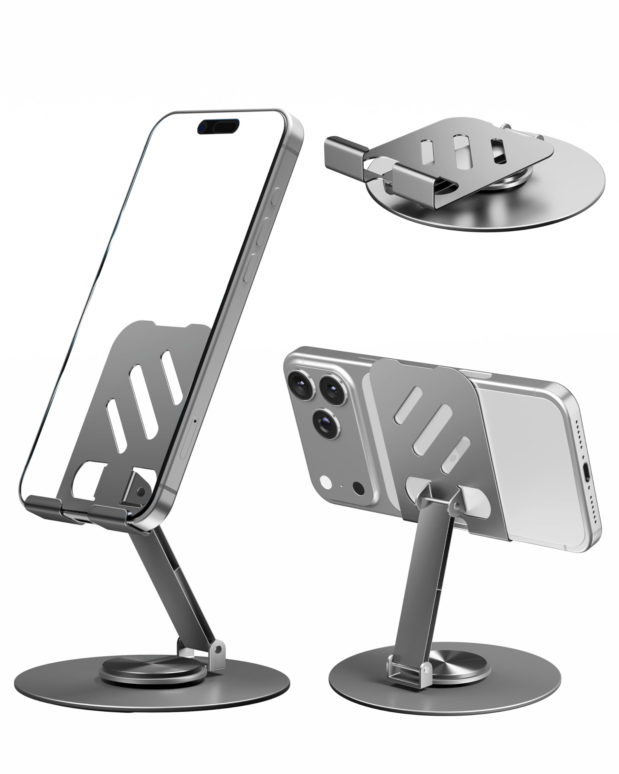 FEDUS ZEVO Premium Metal Mobile Stand for Desk 360° Rotating, Height & Angle Adjustable Phone Holder Heavy Anti-Skid Base, Foldable Fits 4-7" Smartphones (iPhone 17/16, Samsung S26- Grey-image-33