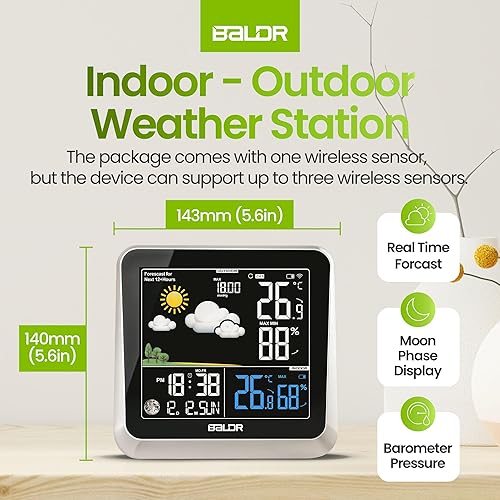 Miniatura 2 de BALDR - Estación meteorológica inalámbrica digital para interiores y exterioresTermómetro e higrómetro Muestra temperatura, humedad y barómetro