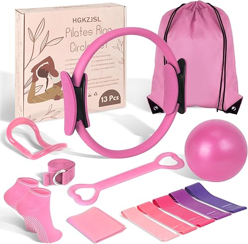 Kit esencial de anillo de pilates para mujer, equipo de entrenamiento en casa con pelota de 9.8 pulgadas, bandas de resistencia, círculo mágico,