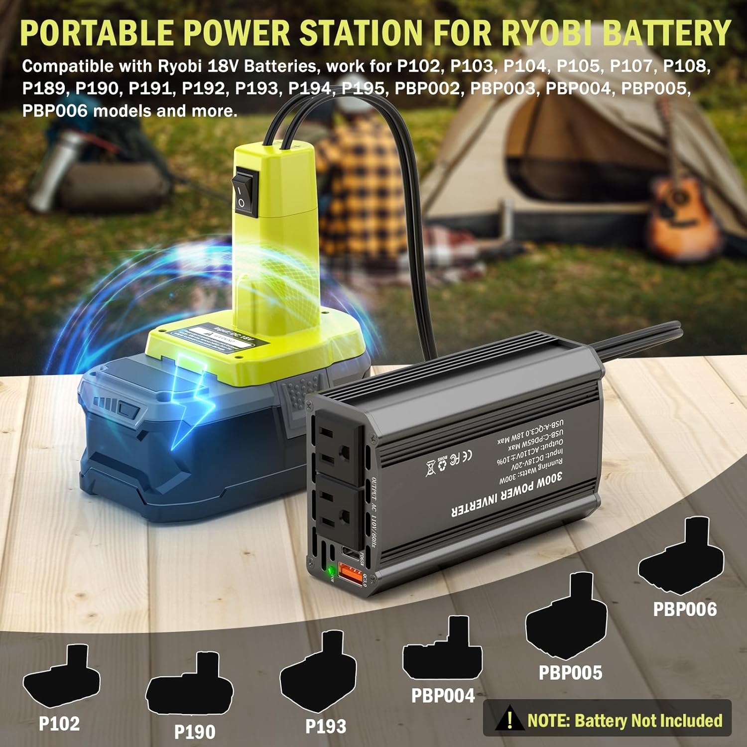 300W Power Inverter Compatible with Ryobi 18V Battery - DC 18V to AC 110V Battery Converter, Portable Power Station with PD 65W Type-C Fast Charging & 2 AC Outlet & 1 USB-A 18W Max - Image 3
