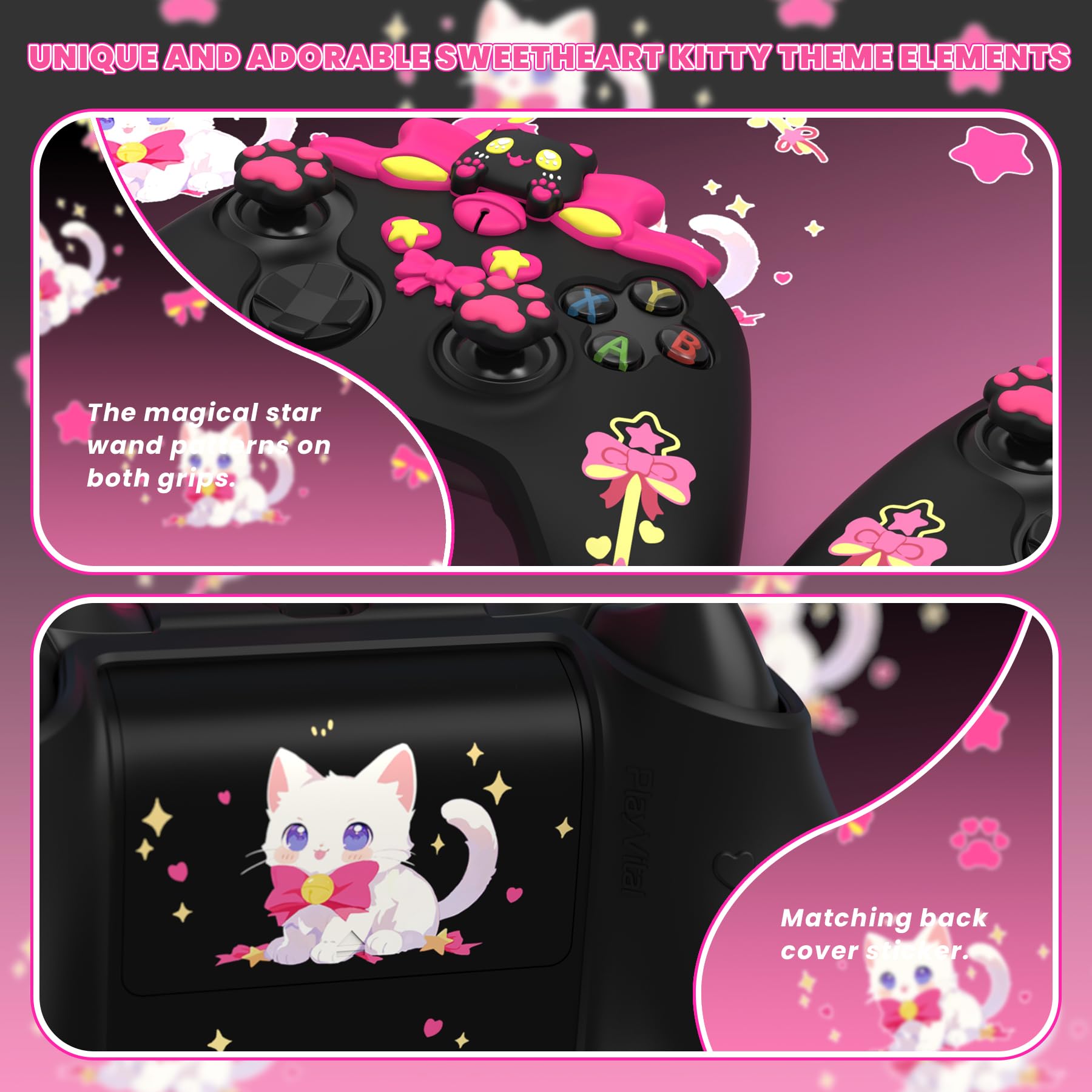 playvital Cover Silicone per Xbox Series X S Joystick,Custodia Controller Skin Antiscivolo Protettiva&6 Copri Levette Analogiche-Gattino Carino-Nero