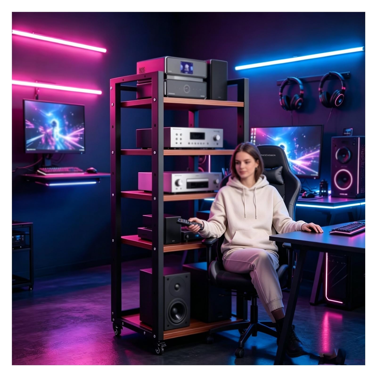 Generico Mobile Stereo/Vinili, HiFi Rack Aperto, Audio AV Tower | Struttura In Acciaio‑legno A 5 Ripiani Con Ruote Universali Per Appassionati Hi‑Fi, Ideale Per Home‑theater E Soggiorno