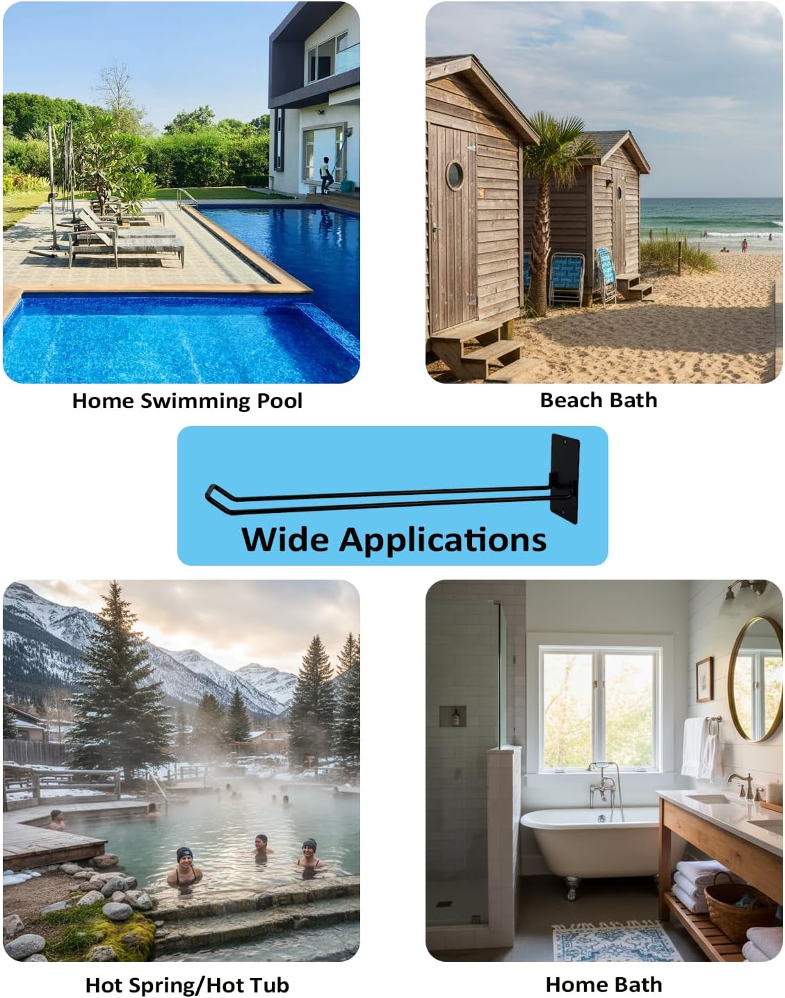 [4-Pack] Upgraded Pool Towel Rack for Pool Area Outside, Safer U-Shape Metal Pool Float Storage Rack, Heavy Duty 5.5mm Swimming Ring Holder Wall Mount Organizer for Fence, Hot Tub, Black (16.5" L)