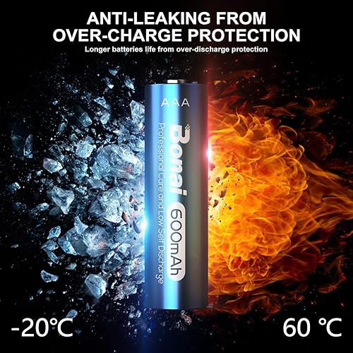Vista 6 de BONAI Baterías recargables AAA de 1.2 V 600 mAh, 20 paquetes, batería NiMH para solar, luces de lámpara de jardín, antifugas (paquete de 20)