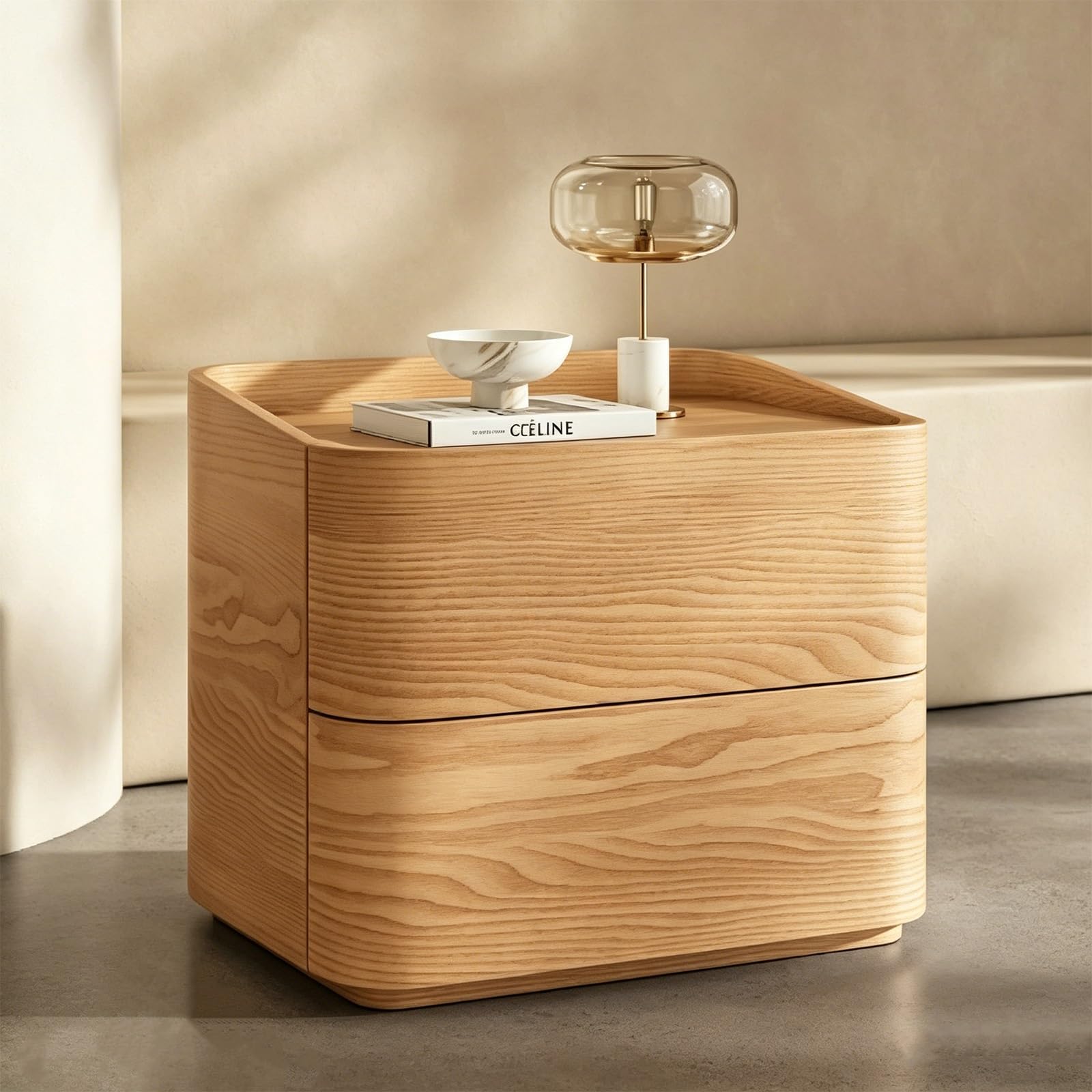 Zoueiiaa Night Stand,Wide Nightstands, Handleless 2 Drawer Nightstand, Wooden End Table, Modern Bedside Table for Bedroom, Rounded Corners(Natural,50cm)