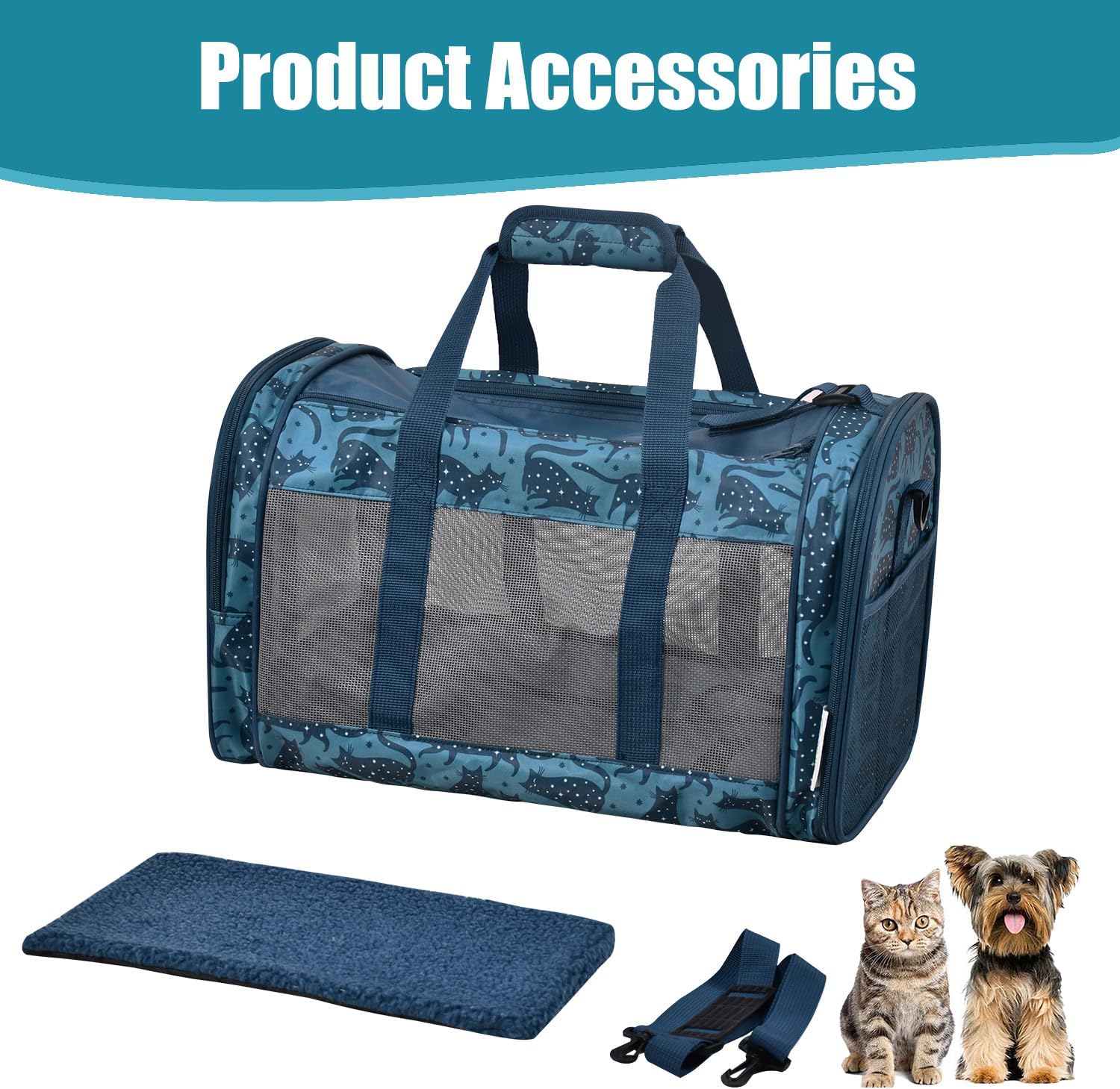 Soft-Sided Kennel Pet Carrier for Small Dogs, Cats, Puppy, Airline Approved Cat Carriers Dog Carrier Collapsible, Travel Handbag & Car Seat (Blue Cat Print, 19" L x 11" W x 11" H)