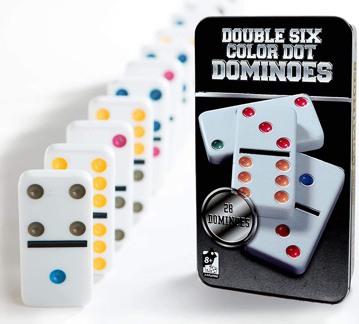 CMY Dominoes Set 28 Double Six White Ivory Tiles - Classic Number Domino in Metal Case